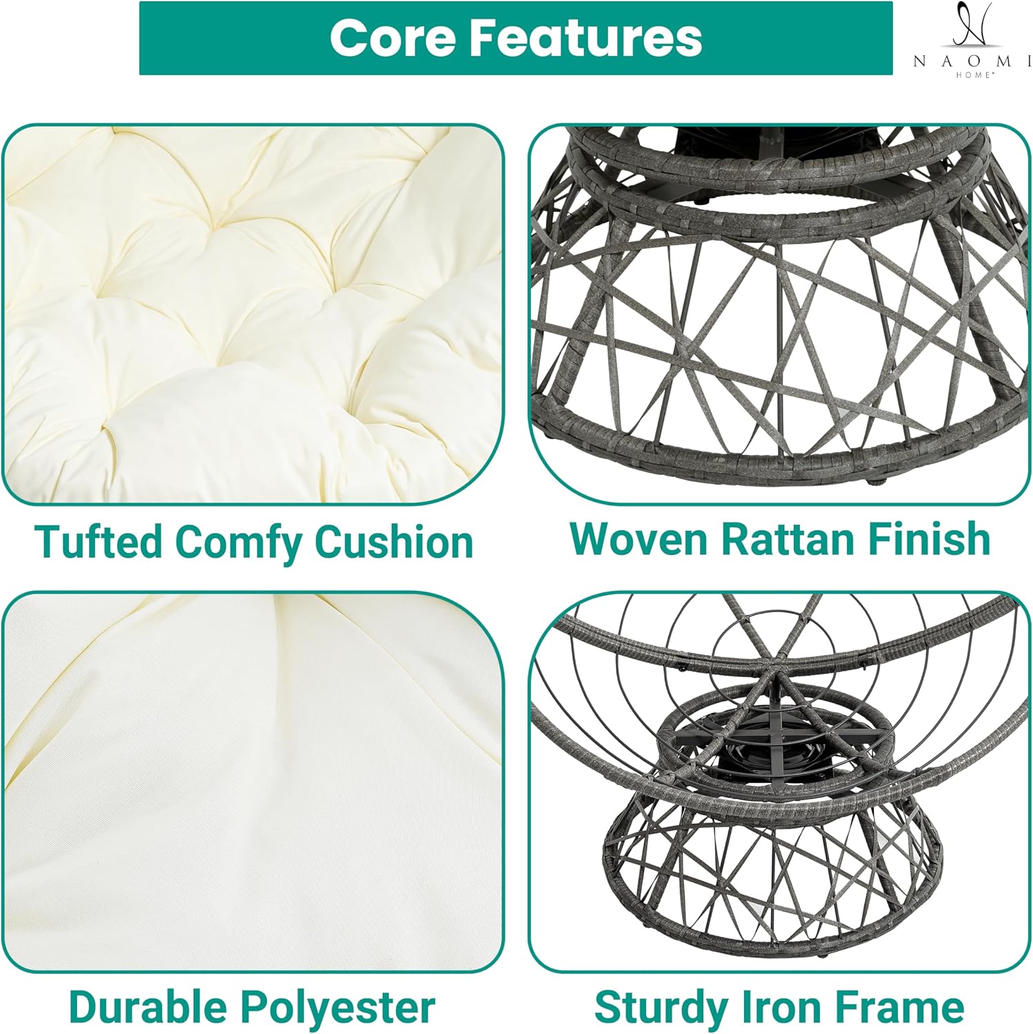 Naomi Home 40' Papasan Chair Indoor with Cushion and Frame – Round Wicker Papasan Chair with Thick Tufted Cushion, Sturdy Metal Base, Large Reading Chair for Bedroom & Living Room, Cream
