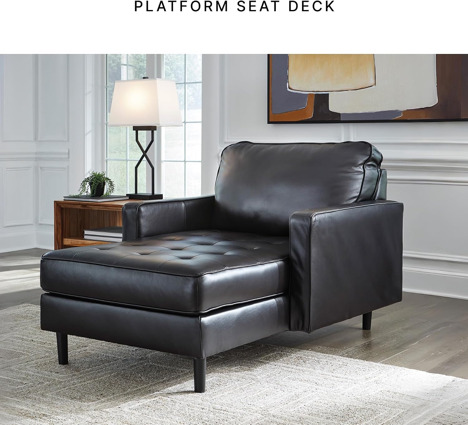 Signature Design by Ashley Bryceview Modern Tufted Leather Match Chaise with Loose Seat Cushion, Black