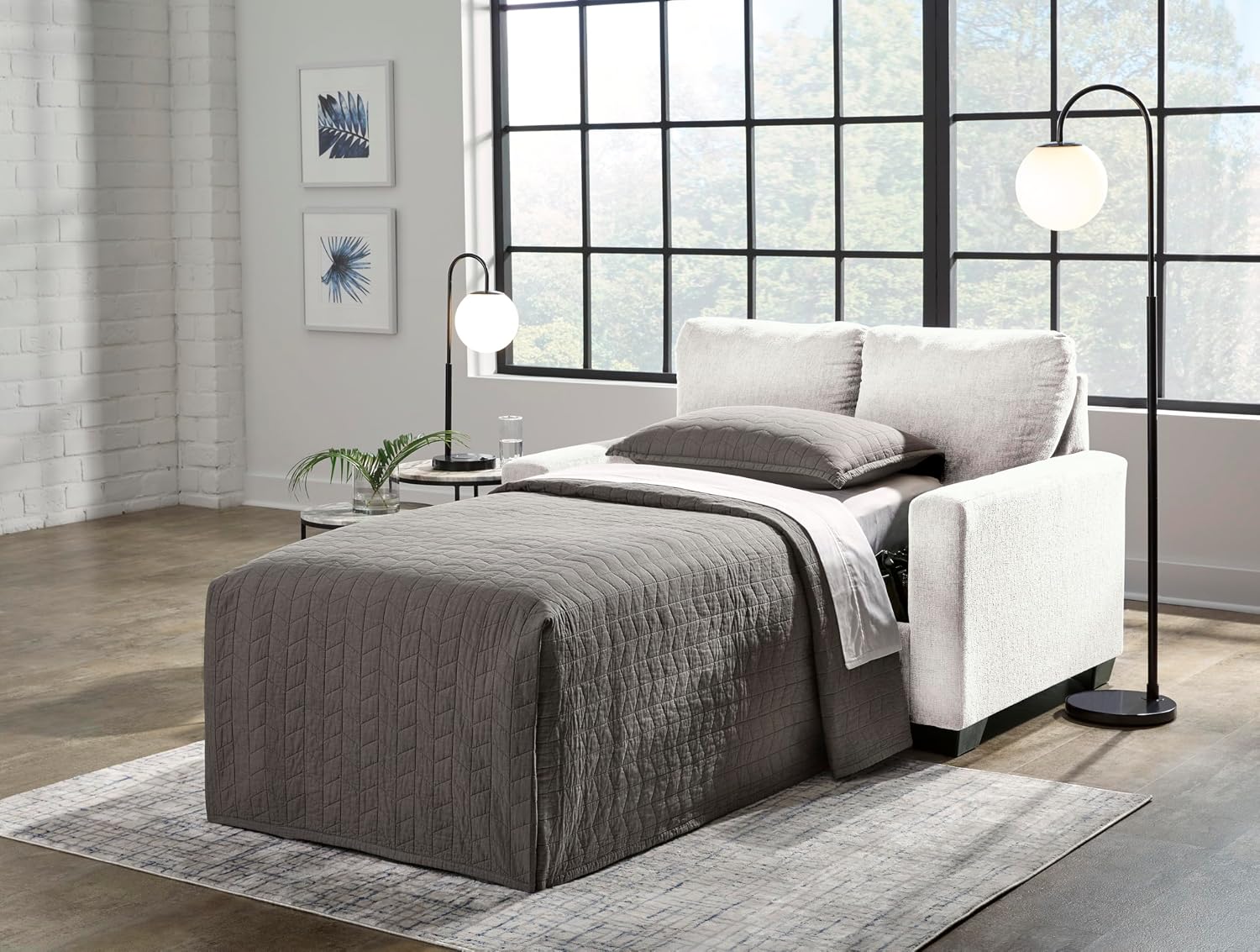 Signature Design by Ashley Rannis Coastal 2-in-1 Sofa Sleeper with Folding Gel Memory Foam Mattress, Twin, White