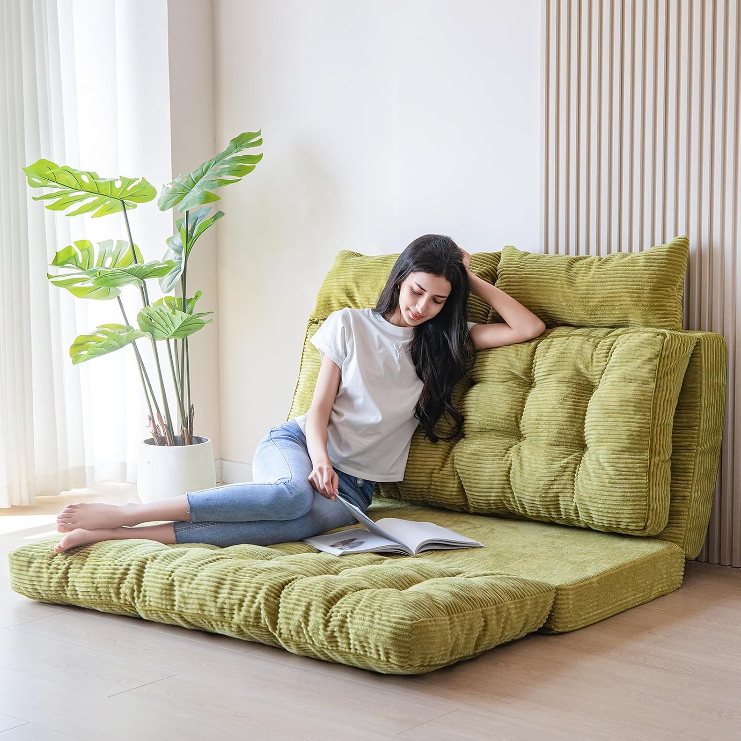 MAXYOYO Folding Sofa Bed, Tufted Bean Bag Bed with Pillows Floor Mattress for Adults, Extra Thick and Long Floor Sofa, Twin Couch for Bedroom Living Room, Green, 39x91 Inch