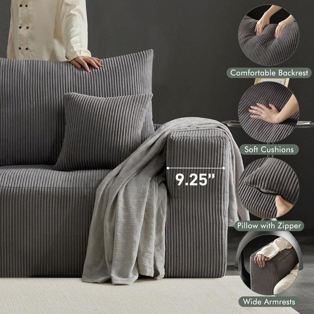 Gericco 113' Modular Sectional Couch, Cloud Boneless Sofa with Deep Seats, Upholstered Corduroy Sleeper Sofa Bed with 3-Seater for Living Room, No Assembly Required, Grey