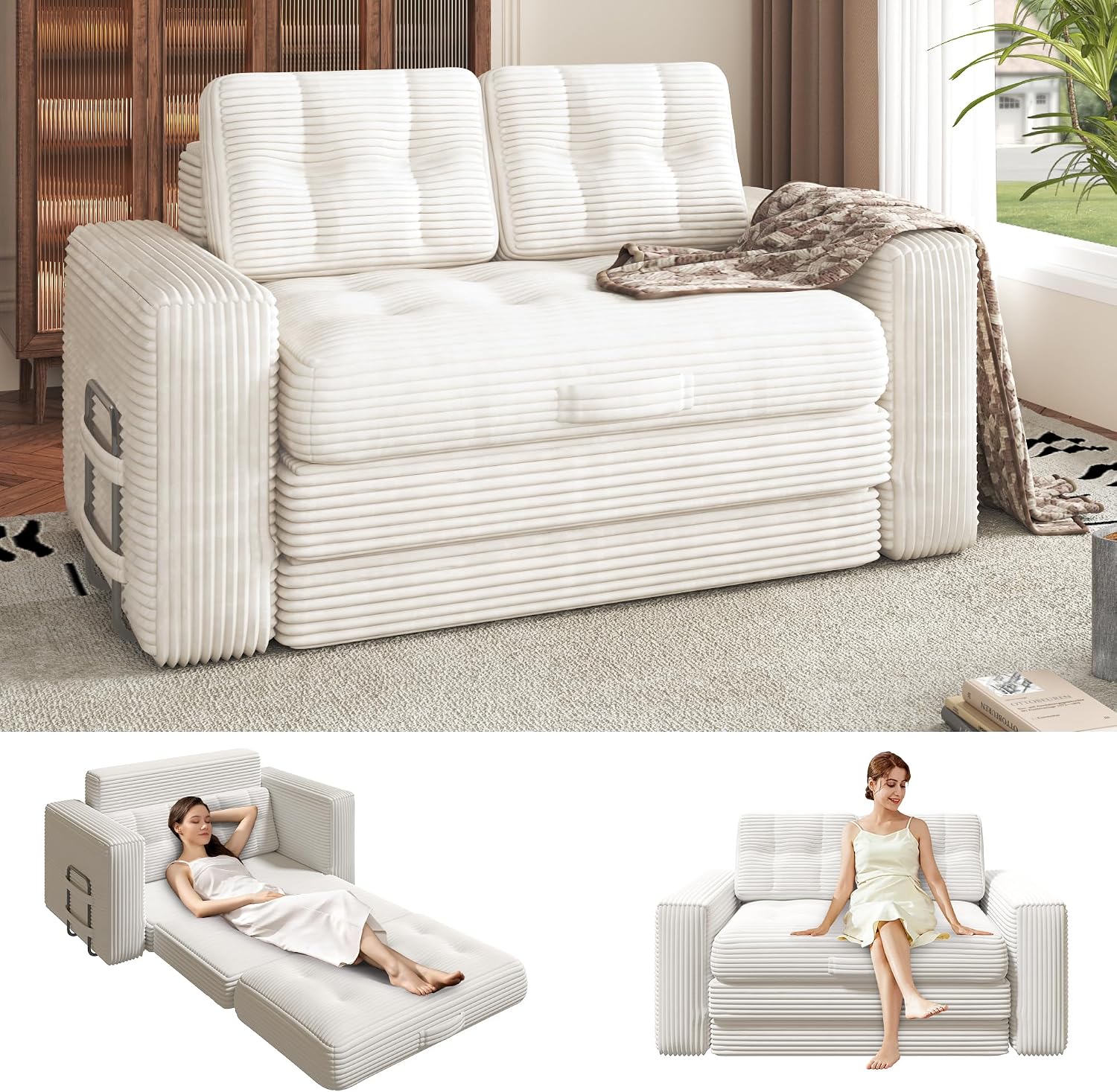 Convertible Sofa Bed, 2 in 1 Boneless Couch Bed with 2 Pillows, Corduroy Pull out Couch Folding Sofa Bed with Deep Seat, Small Loveseat Sleeper Sofa Bed in a Box for Small Spaces, No Assembly Needed