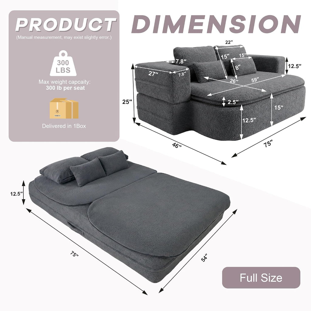 75'' Folding Sleeper Sofa Bed, Convertible Memory Foam Boneless Couch, Foldable Full Size Guest Bed, Modern 2-in-1 Futon Floor Sleeper Sofa with 4 Pillows and Blanket (Teddy, Dark Gray)