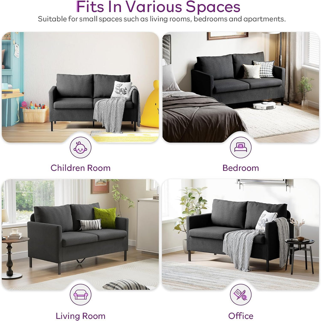 TYBOATLE Linen Fabric Modern Small Loveseat Sofa Couch for Living Room, 51' W Little Upholstered 2-Seater Mini Love Seats w/Iron Legs for Small Space, Apartment, Bedroom, Dorm, Office (Dark Grey)