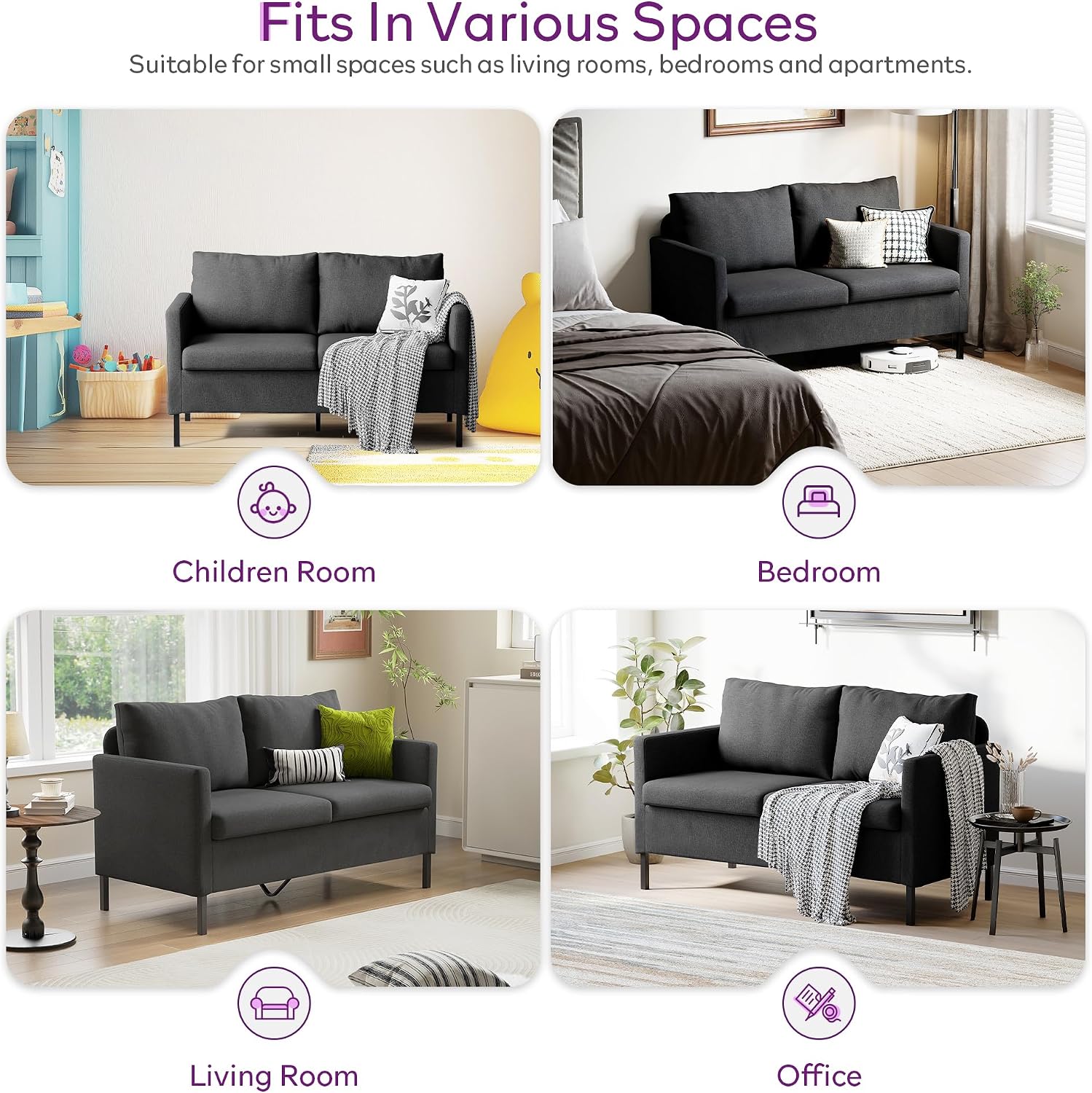 TYBOATLE Linen Fabric Modern Small Loveseat Sofa Couch for Living Room, 51' W Little Upholstered 2-Seater Mini Love Seats w/Iron Legs for Small Space, Apartment, Bedroom, Dorm, Office (Dark Grey)
