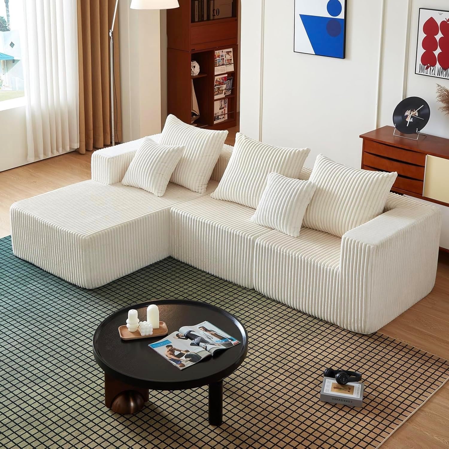 102' Sectional Couches for Living Room,Boneless Cloud Couch,L-Shaped Sofa with Oversized Deep Seat,Comfy Couch for Apartment,Compressed Sofa in a Box,No Assembly Required(Corduroy,Beige)