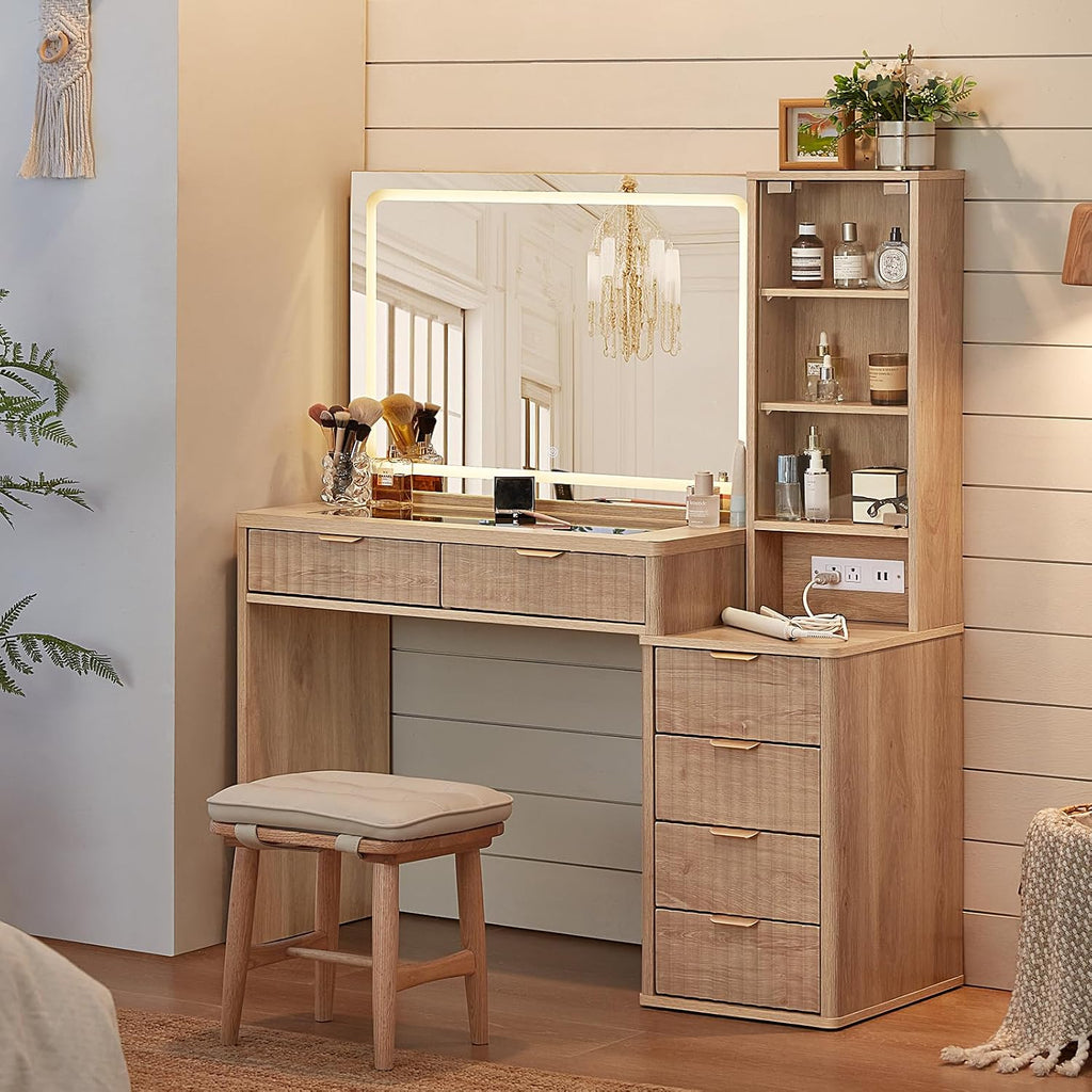 LEYAOYAO Vanity Desk with Mirror and Lights, 43.5'' Fluted Makeup Vanity with 6 Drawers and Adjustable Shelves, Glass Top Make Up Vanity, Girls Wood Dressing Table with Power Outlet for Bedroom