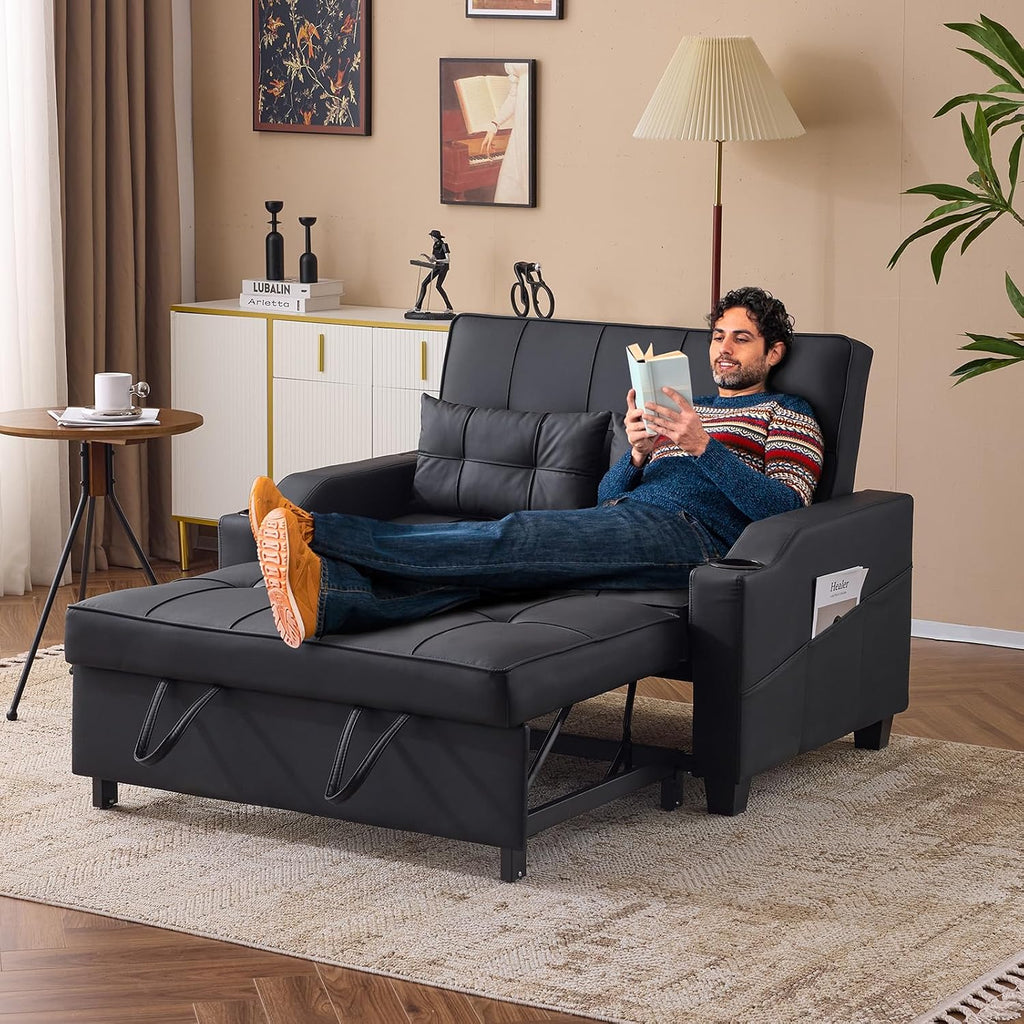 VINGLI Black Futon Sofa Bed Convertible Loveseat Sleeper Couch, Faux Leather Pullout Sofa Fold Out Couch Bed with USB Ports, Cup Holders, Armrest for Living Room, Bedroom Apartment Room