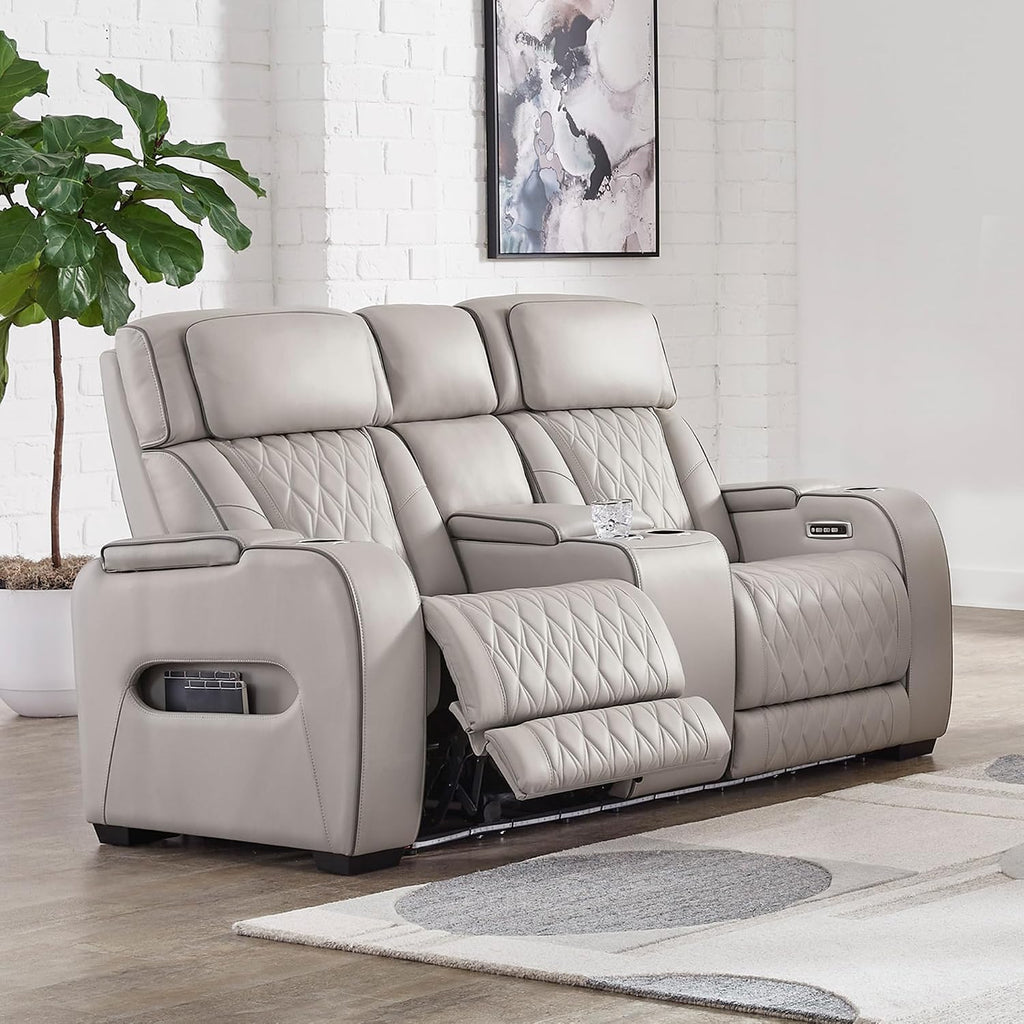 Signature Design by Ashley Boyington Contemporary Leather Match Power Reclining Loveseat with Console and USB Charging Ports, LED Lights and Adjustable Headrest, Light Gray