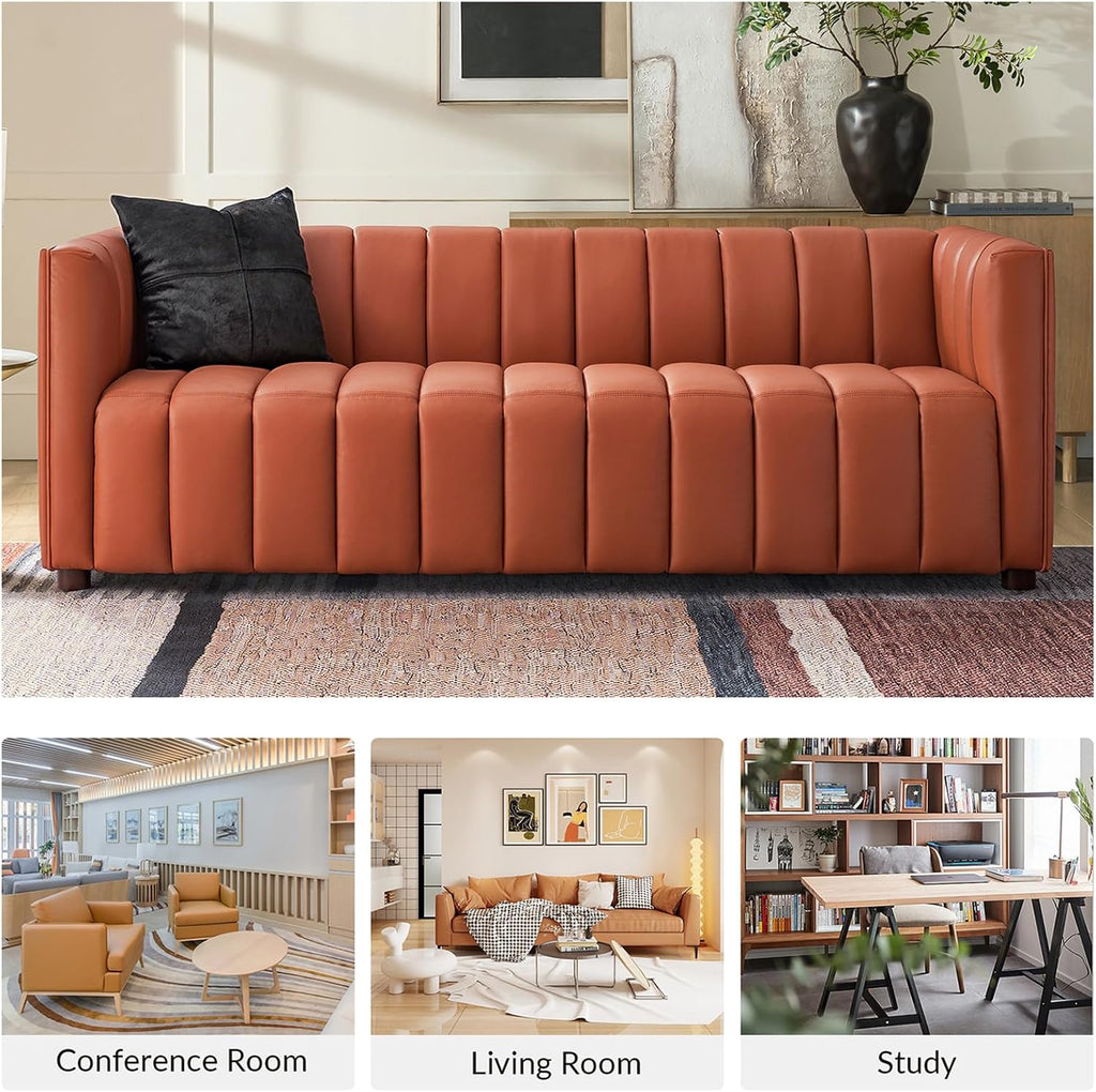 HULALA HOME 83' Genuine Leather Sofa with Channel Tufted Design, 3-Seater Sofa for Living Room Bedroom, Modern Oversized Couch with Wood Legs, Brick