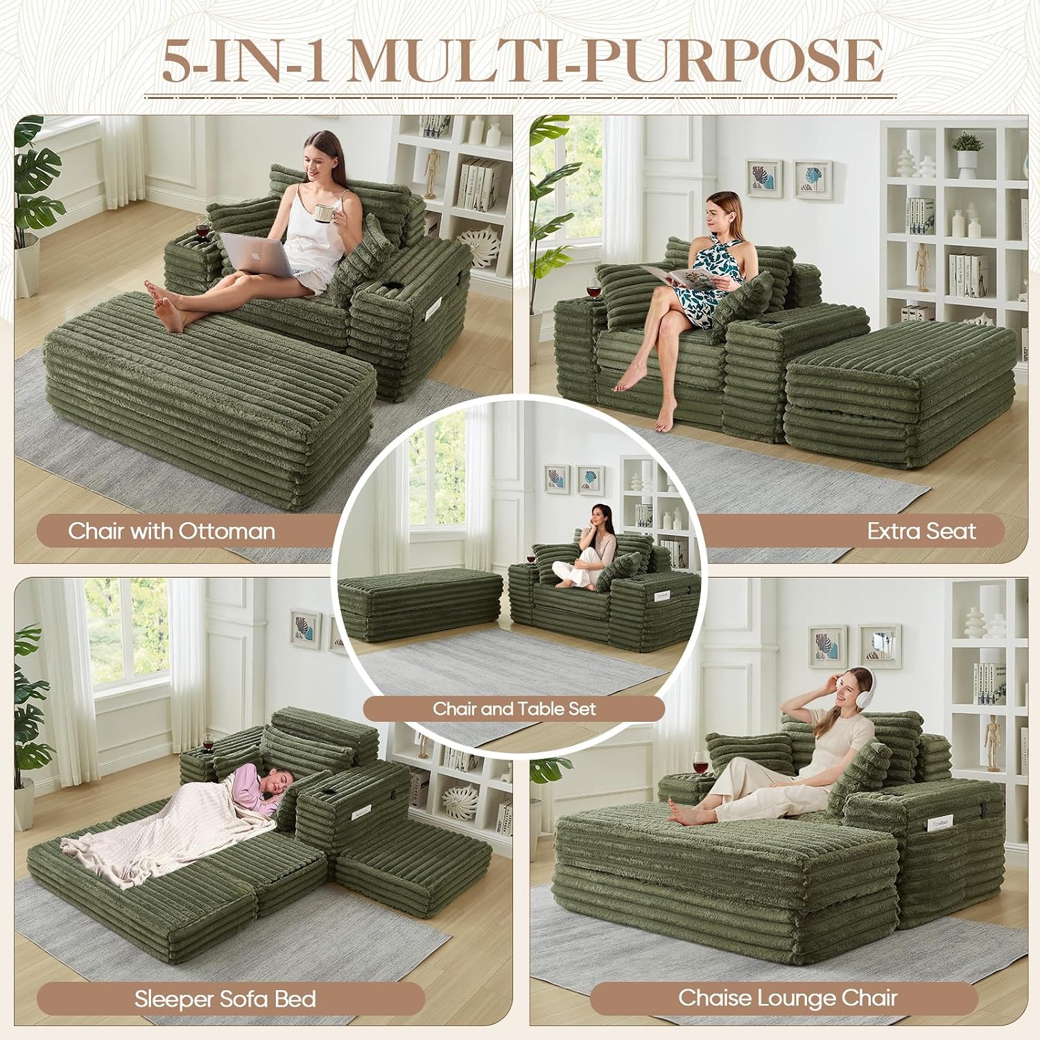 5-In-1 Oversized Chaise Lounge Chair Indoor with Ottoman,54.5'W Faux Fur Convertible Folding Sleeper Sofa Bed with Cup Holder&Side Pocket,Comfy Boneless Couch Sofa Chair for Living Room,Bedroom(Green)