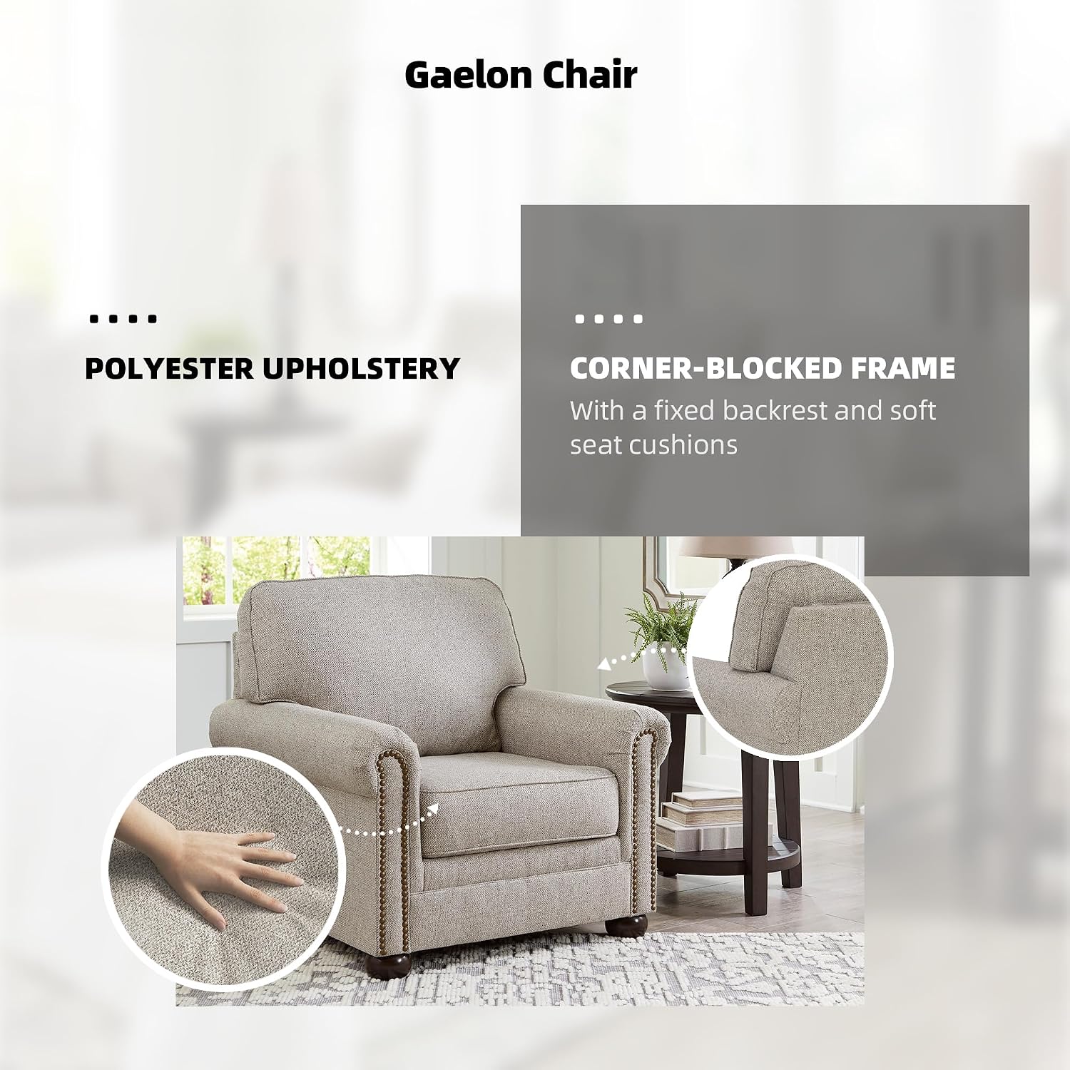 Signature Design by Ashley Gaelon Transitional Upholstered Chair with Nailheads, Light Gray