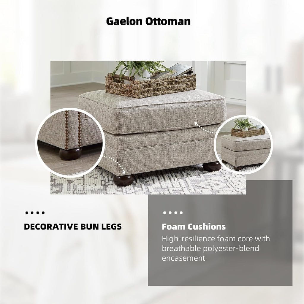 Signature Design by Ashley Gaelon Transitional Rectangular Upholstered Ottoman with Bun Legs, Light Brown