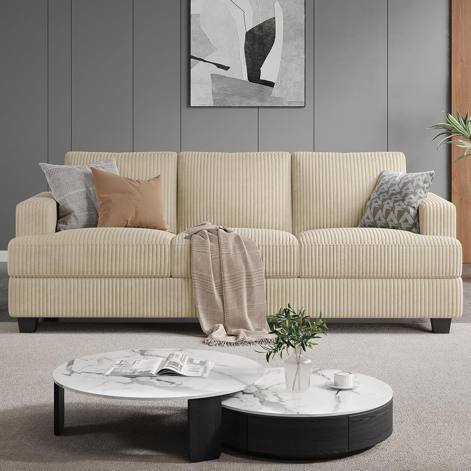 COPIAE 89 Inch Sofa with Extra Deep Seats Oversize, 3 Seater Sofa for Living Room, Modern Couch and Sofa, Comfy Armrests and Seats and Backrests, Easy Installation,Wide Corduroy Fabric Beige