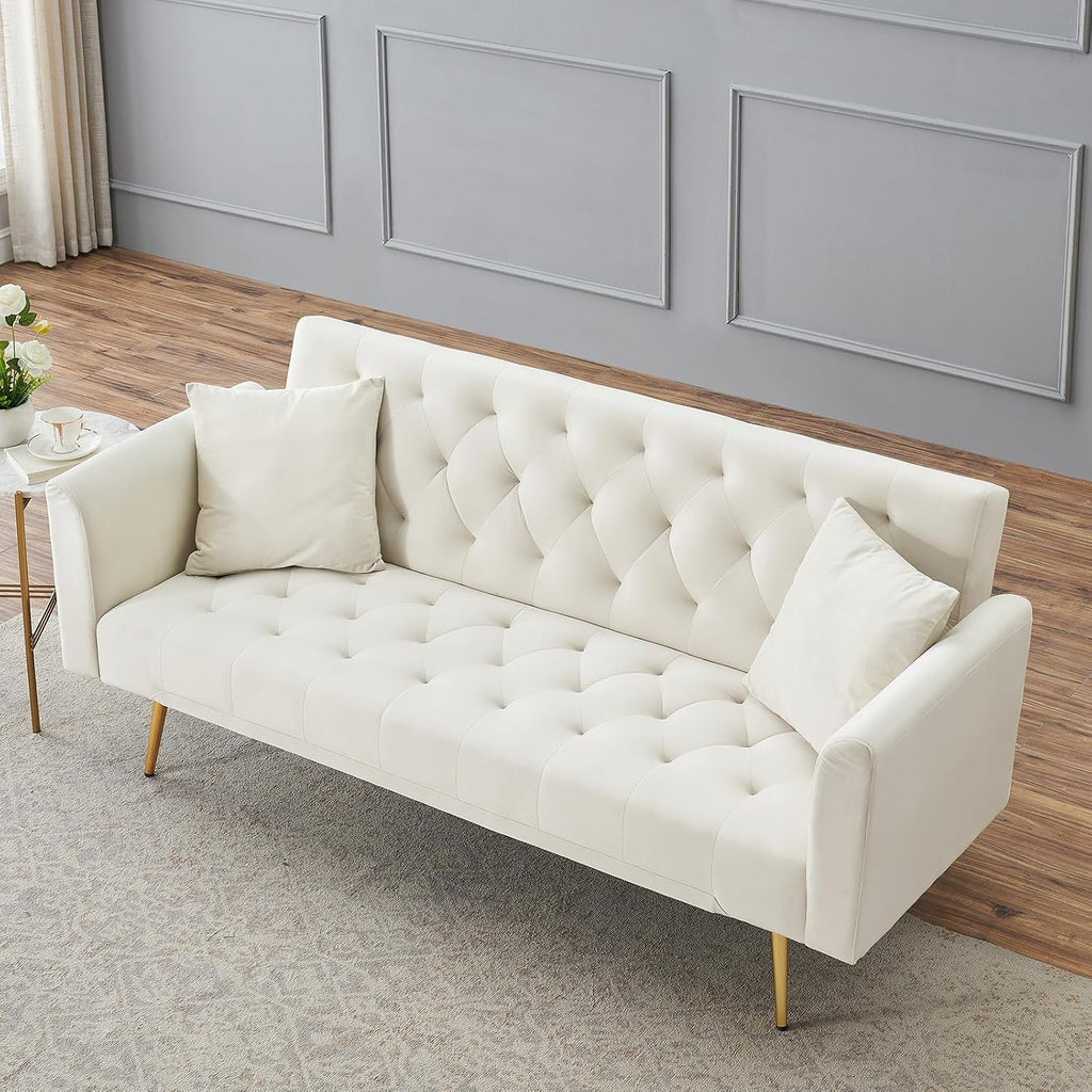 71' Modern Velvet Sofa Bed Futon, Convertible Sleeper Couch with Adjustable Backrest, Tufted Recliner Loveseat with Golden Chrome Legs & 2 Pillows for Small Spaces, Living Room, Apartment (Beige)
