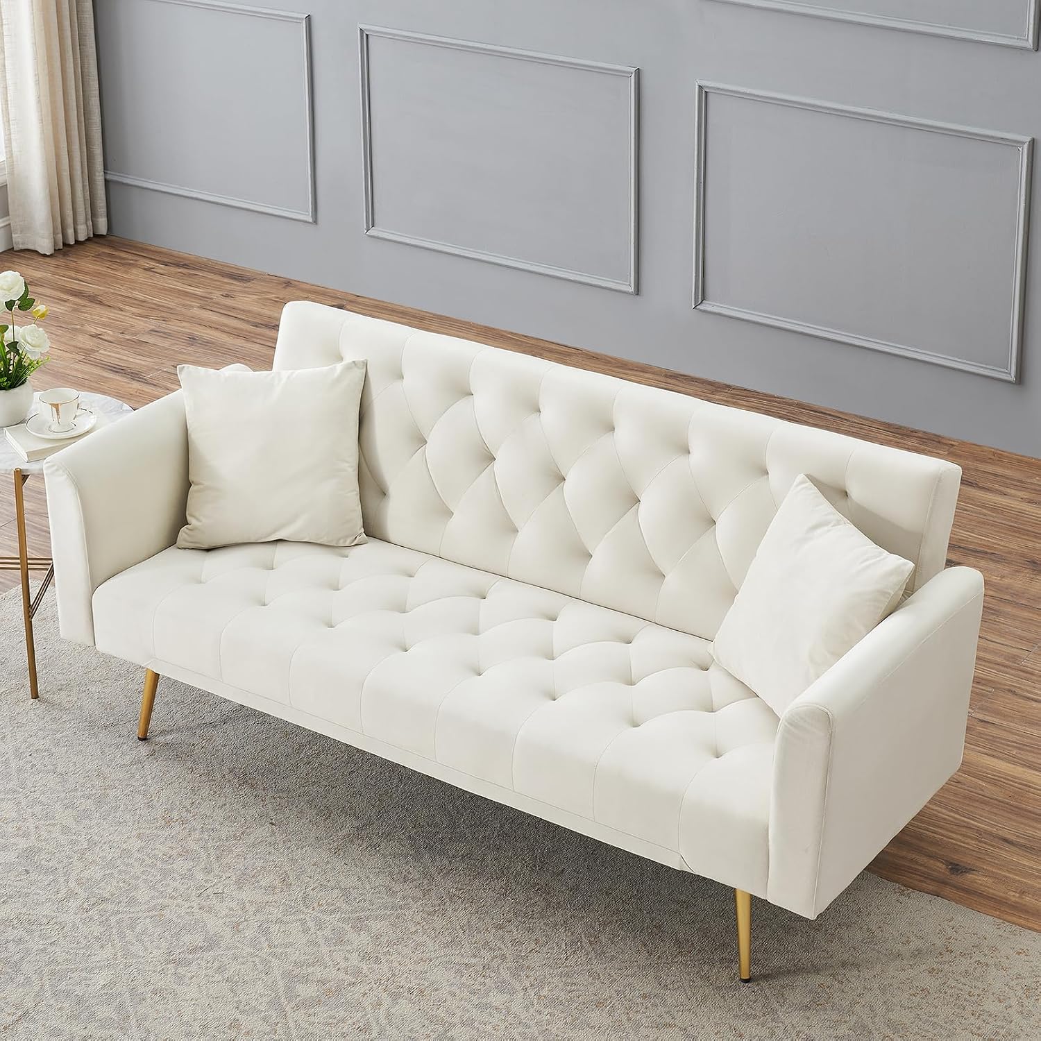 71' Modern Velvet Sofa Bed Futon, Convertible Sleeper Couch with Adjustable Backrest, Tufted Recliner Loveseat with Golden Chrome Legs & 2 Pillows for Small Spaces, Living Room, Apartment (Beige)