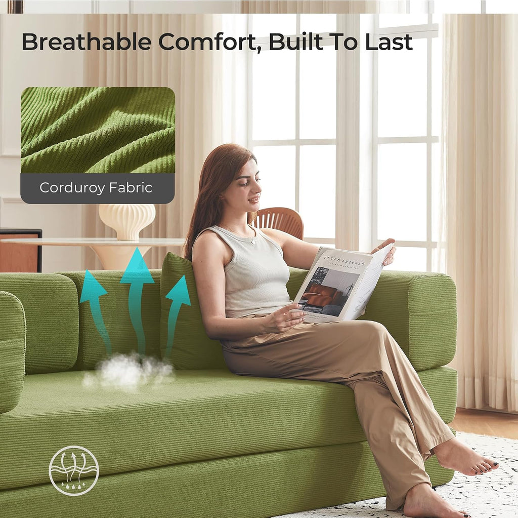 79' Convertible Sofa Bed with Pillows, Corduroy Folding Sleeper Sofa with Fixed-Shape Frame, Boneless Couch for Living Room Bedroom, Floor Sofa Lounge No Assembly Required (A - Style - Olive Green)