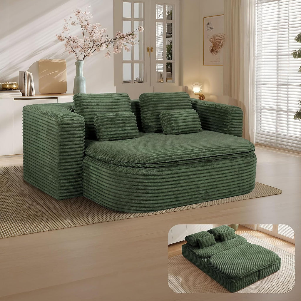 75'' Folding Sleeper Sofa Bed, Convertible Memory Foam Boneless Couch, Foldable Full Size Guest Bed, Modern 2-in-1 Futon Floor Sleeper Sofa with 4 Pillows and Blanket (Corduroy, Green)