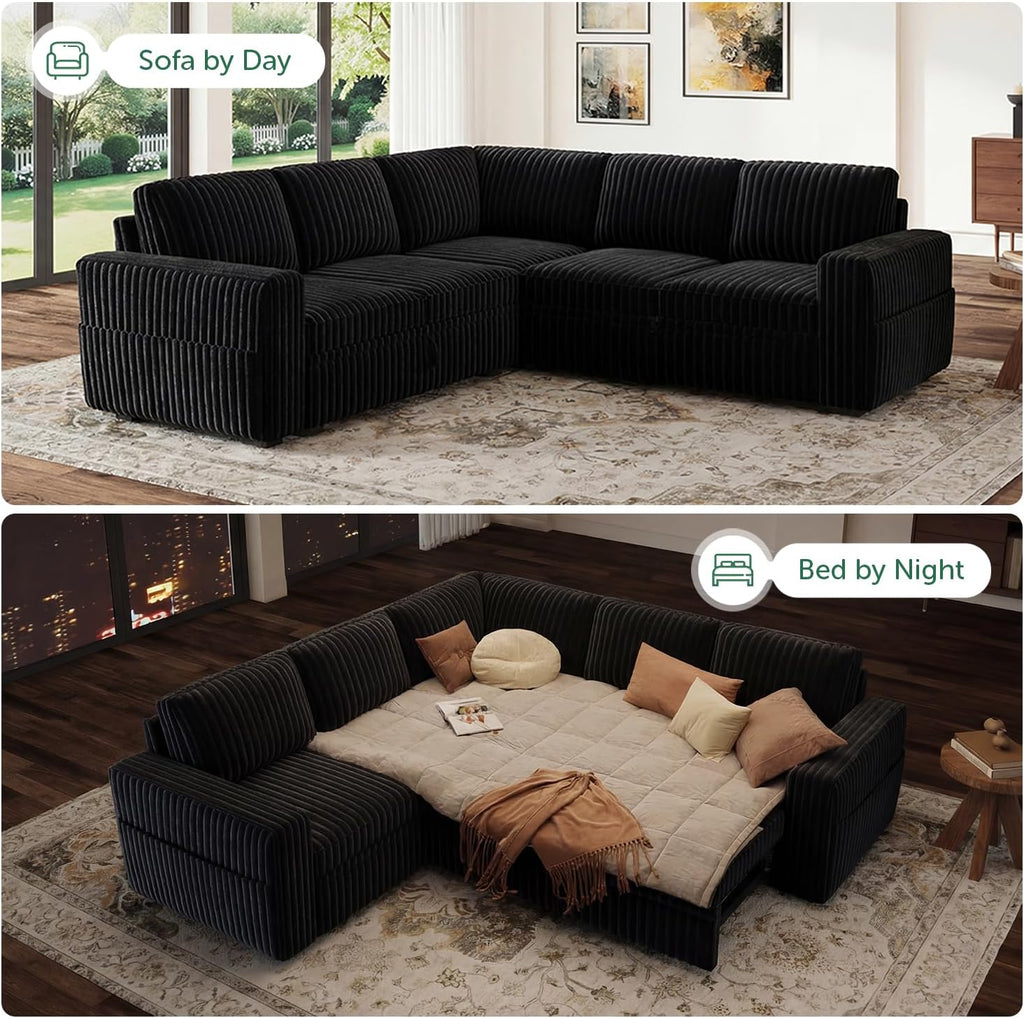 HONBAY Modular Sectional Sleeper Sofa with Pull Out Bed,Corduroy L Shaped Couch with Storage, Sectional Couches for Living Room,Black