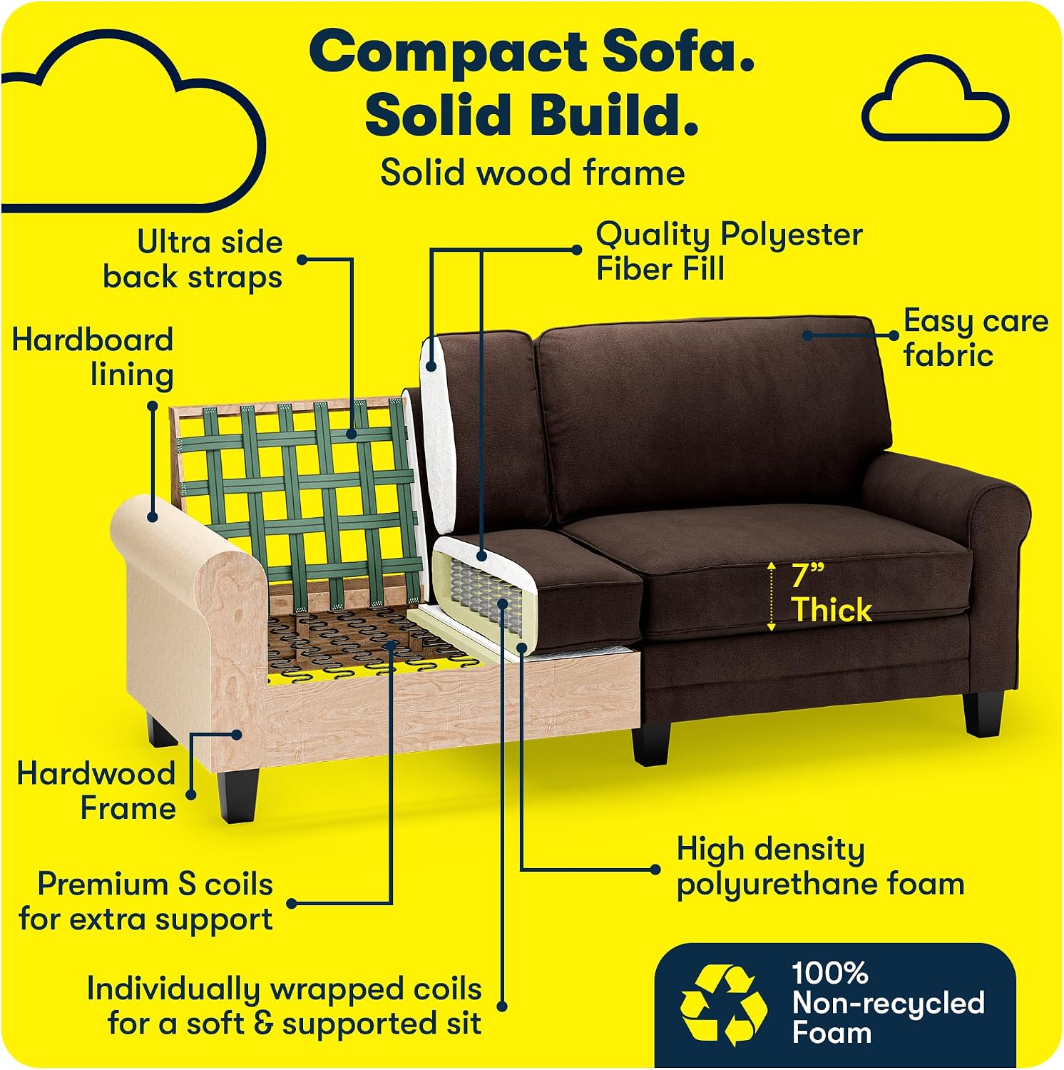 Serta Copenhagen 78' Rolled Arm Sofa, Easy Care Polyester, Soft Pillow Back, Pocket Coil Seat Cushions, Removable Covers, Loveseat or Couch for Small Spaces, Living Rooms or Bedrooms, Brown