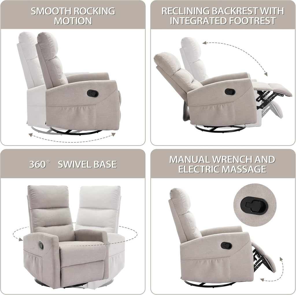 PELUMY Manual Recliner Chair, 360° Swivel Glider and Rocker Recliner with 155° Recline, Compact Fabric Recliner for Small Space, Nursery, Living Room, Bedroom, No Tools Assembly (Light Grey)