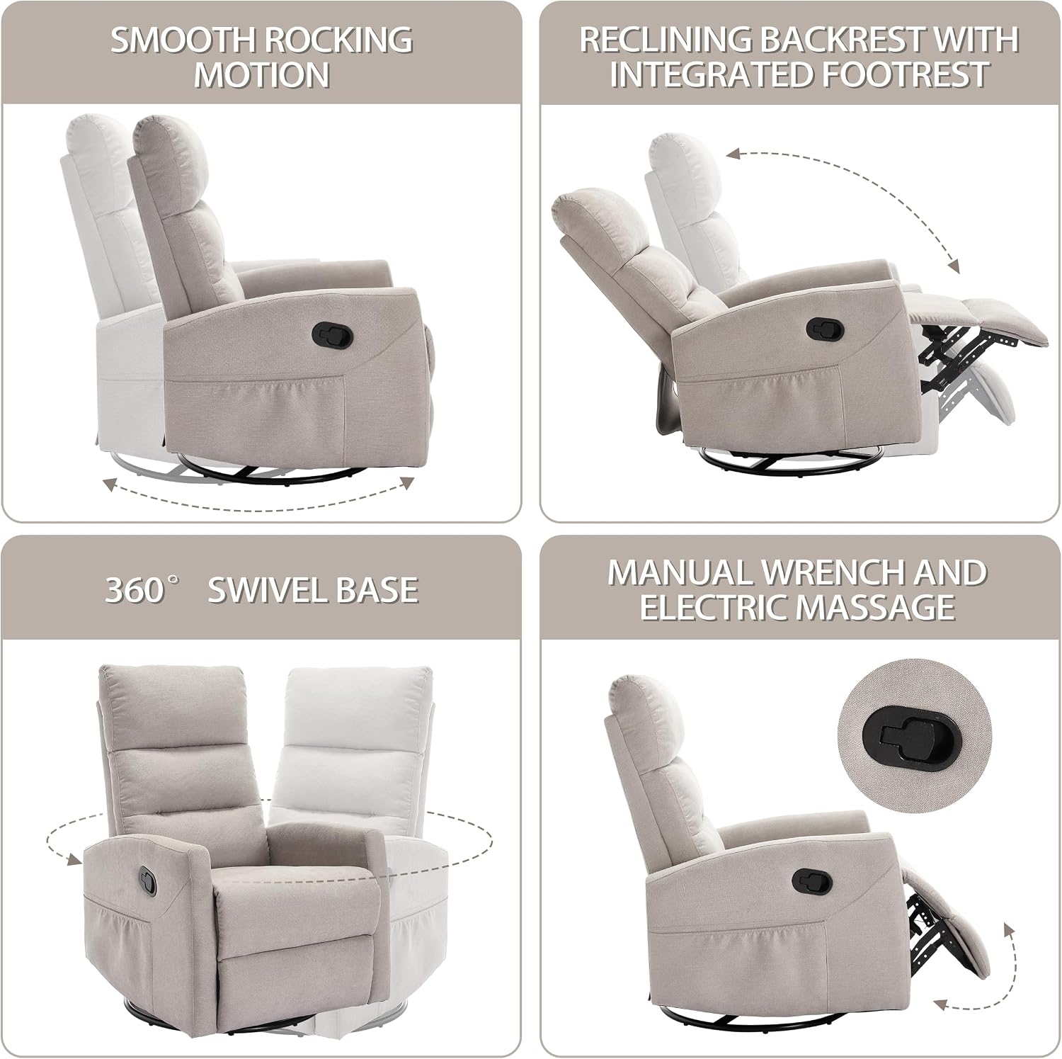 PELUMY Manual Recliner Chair, 360° Swivel Glider and Rocker Recliner with 155° Recline, Compact Fabric Recliner for Small Space, Nursery, Living Room, Bedroom, No Tools Assembly (Light Grey)
