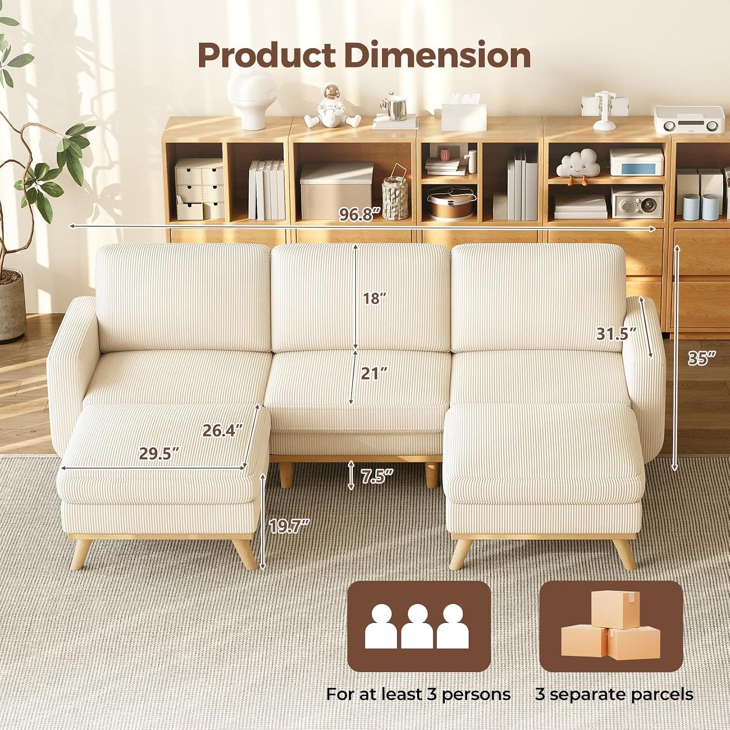Vesgantti 97' Modular Sectional Sofa Beige, U-Shaped Couch with Movable Ottoman, Comfy Corduroy Couch with Spring Cushion, Modular Sofa with Deep Seat for Living Room, Bedroom and Apartment