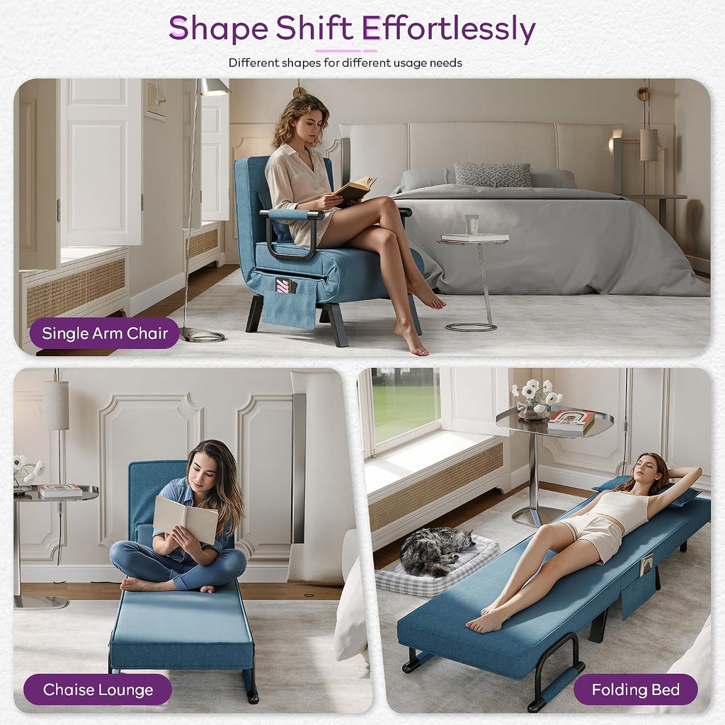 TYBOATLE Convertible Chair Bed Sleeper for Adults, Folding Chair Bed with 5-Position Adjustable Backrest & Side Pockets & Pillow, Comfy Single Futon for Small Spaces, Apartment, Office (Azure Blue)