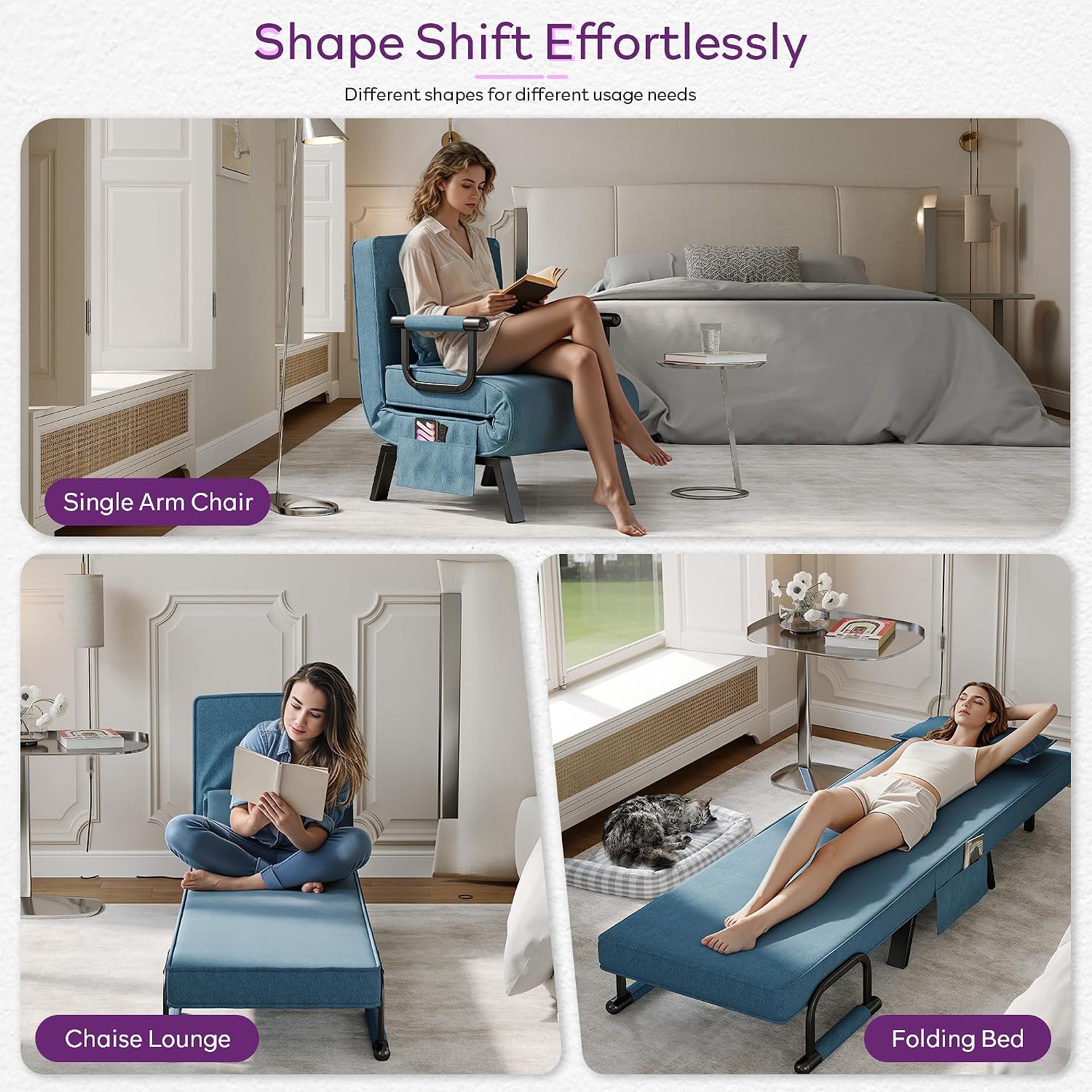 TYBOATLE Convertible Chair Bed Sleeper for Adults, Folding Chair Bed with 5-Position Adjustable Backrest & Side Pockets & Pillow, Comfy Single Futon for Small Spaces, Apartment, Office (Azure Blue)
