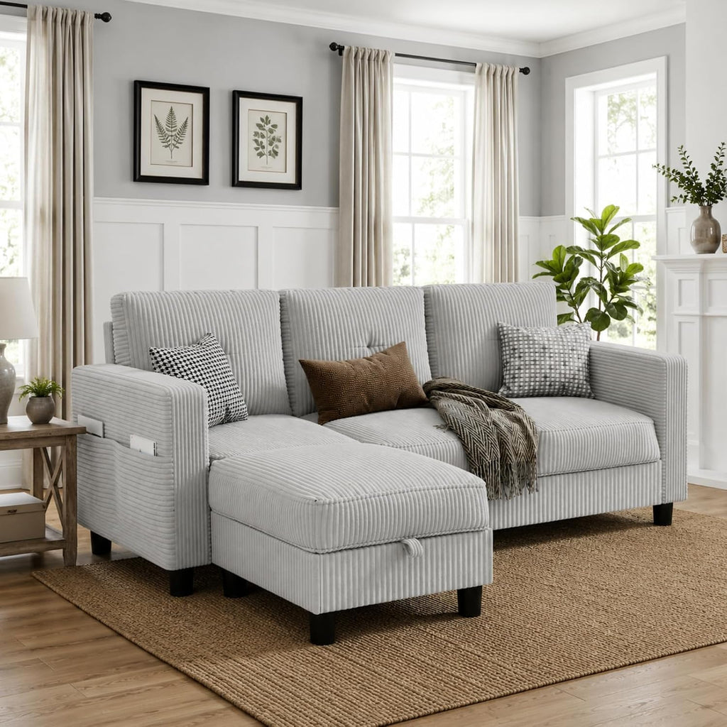 Convertible Sectional Sofa with Storage Ottoman, 77' L-Shaped 3-Seat Couch with Skin-Friendly Corduroy Fabric, Reversible Small Sectional for Small Space, Apartment, Living Room and Office (Grey)
