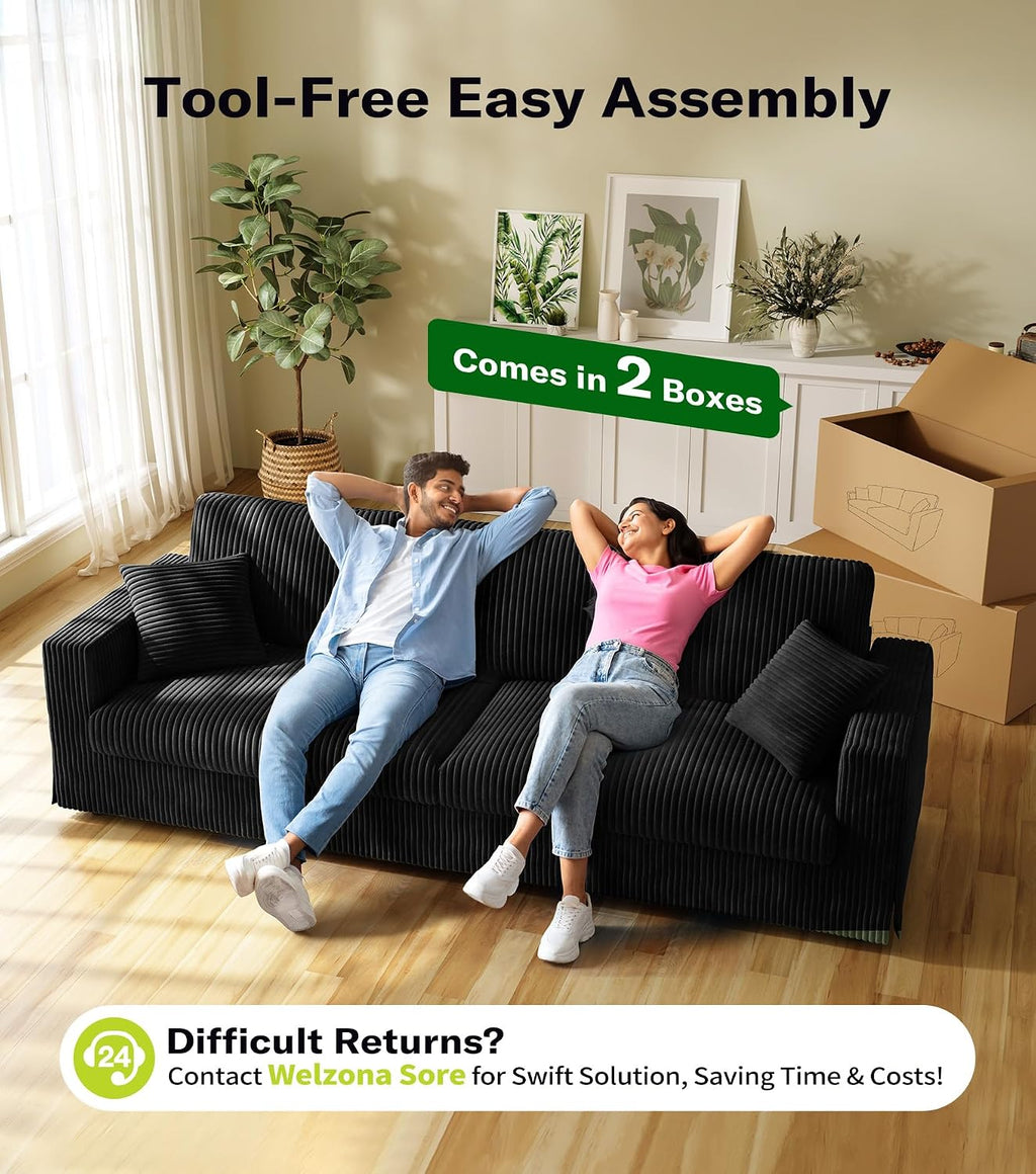 Welzona Corduroy Sofa Couch, 101' Comfy Couches for Living Room, Black | 24' Extra Deep Seat, Tool-Free Sofas, All-Wood Loveseat, 2 Pillows Included, 850lbs Load-bearing