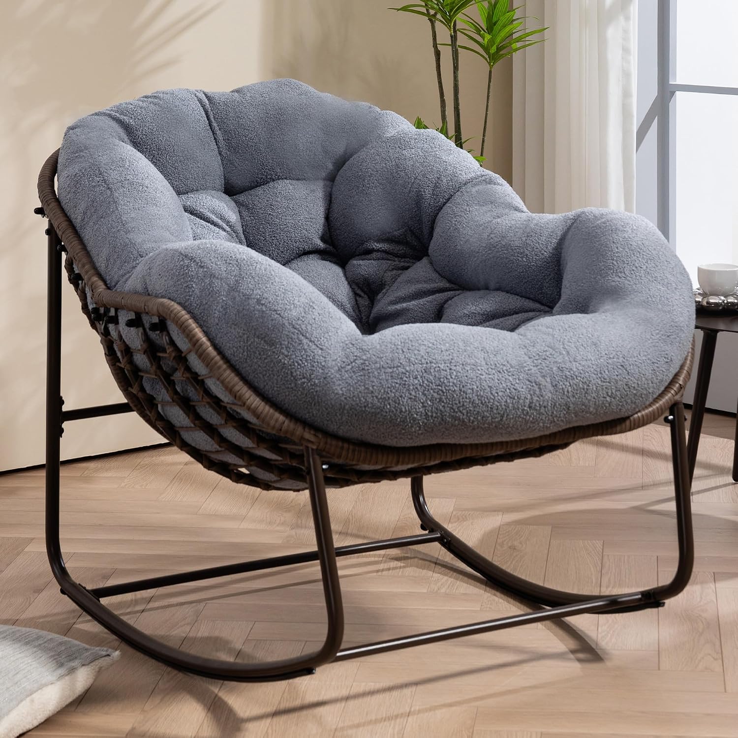 HOMEFUN Nursery Rocking Chairs Oversized Papasan Chair Indoor with Padded Cushion Upholstered Glider for Reading Living Rooms BedroomsOffices, Teddy Grey