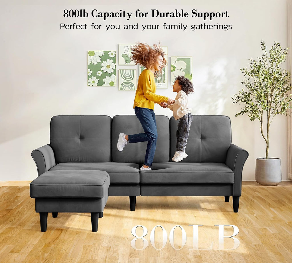 Kidirect 83' Sectional Couch, Velvet L-Shaped Couch 3 Seater Sectional Couches for Living Room, Comfy Fluffy Deep Seat Loveseat, Modular Sectional Sofa with Ottoman for Apartment Office, Grey Couch