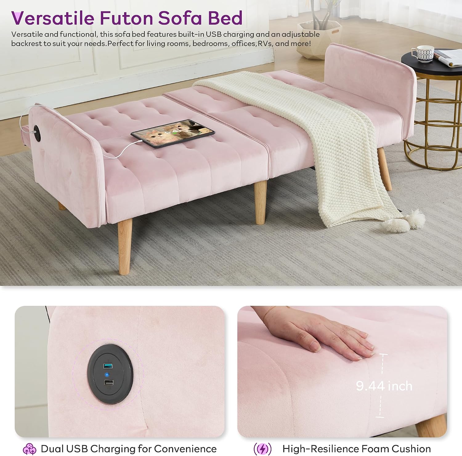 TYBOATLE 65' W Velvet Modern Convertible Folding Futon Couch Sofa Bed w/ 2 USB Charging Ports and arms, Loveseat for Compact Living Space, Dorm, Game Studio, Bonus Room, Apartment, Bedroom (Pink)