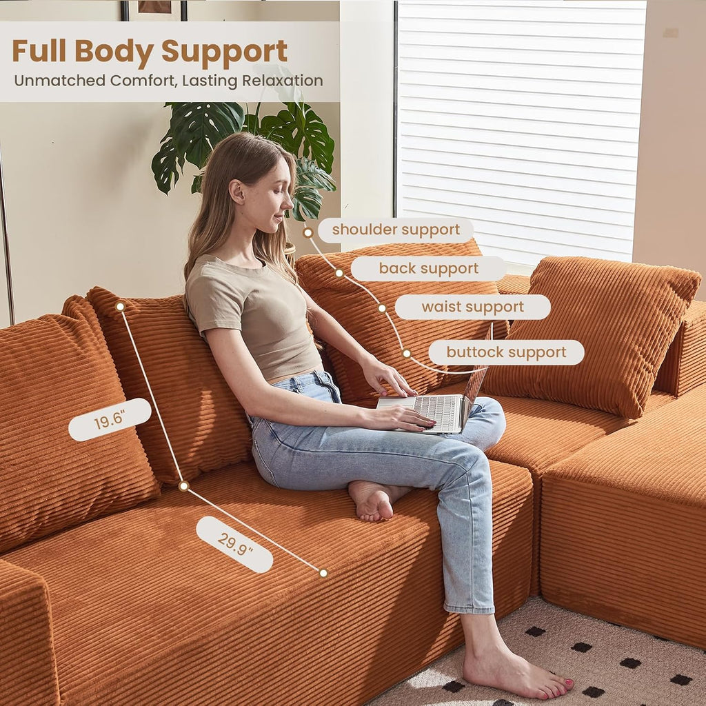 108' L-Shaped Boneless Couch, Modular Sectional Sofa with Moveable Ottoman, Corduroy Cloud Couches for Living Room, No Assembly, Ship in a Box, Burnt Orange