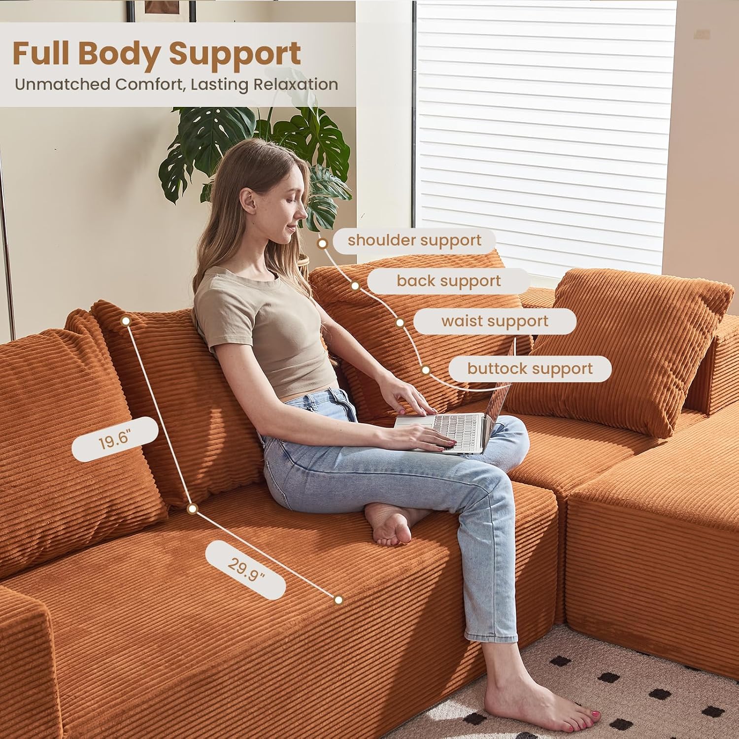 108' L-Shaped Boneless Couch, Modular Sectional Sofa with Moveable Ottoman, Corduroy Cloud Couches for Living Room, No Assembly, Ship in a Box, Burnt Orange