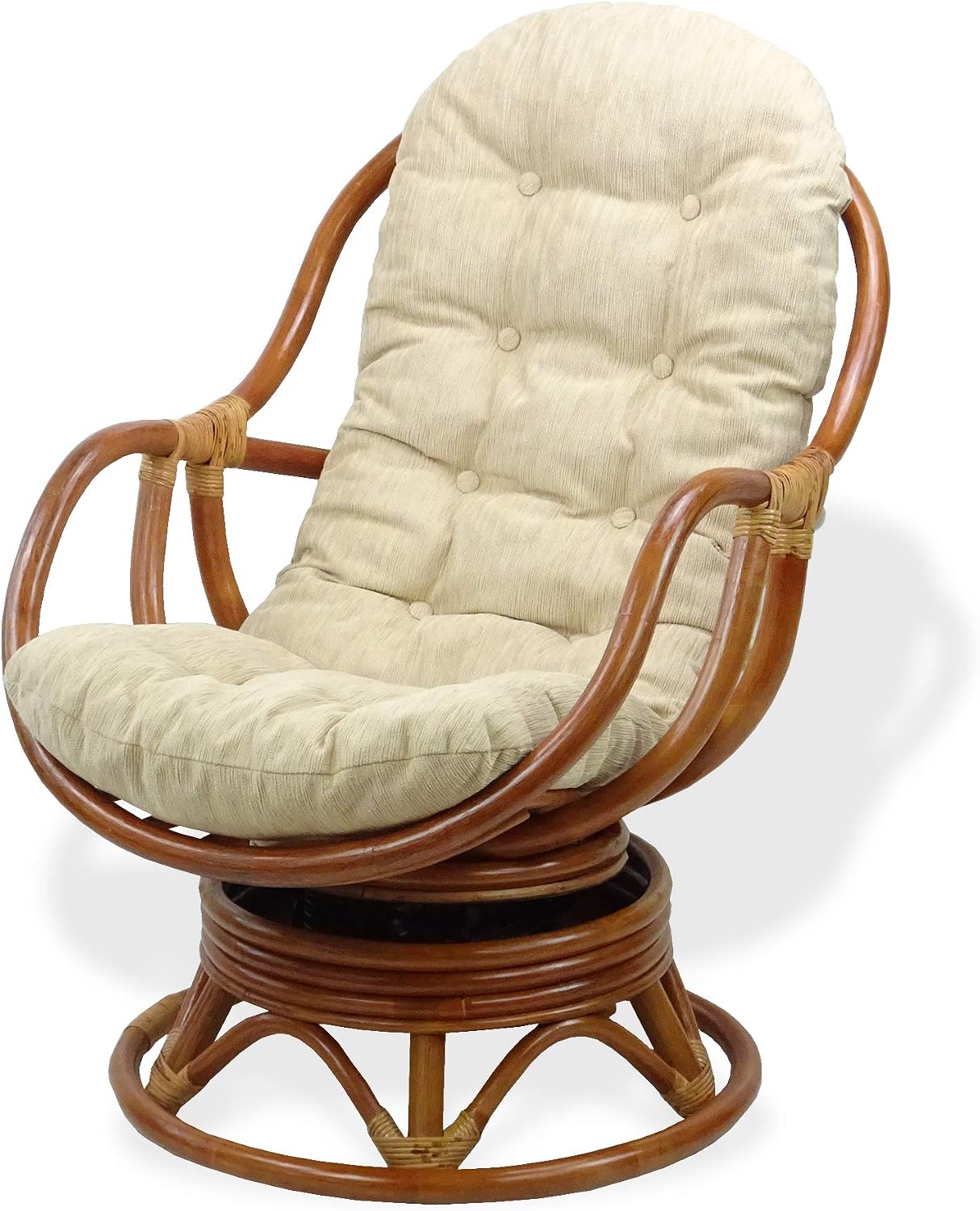 Lounge Swivel Rocking Bali Chair ECO Natural Rattan Wicker Handmade Cognac with Cream Cushion