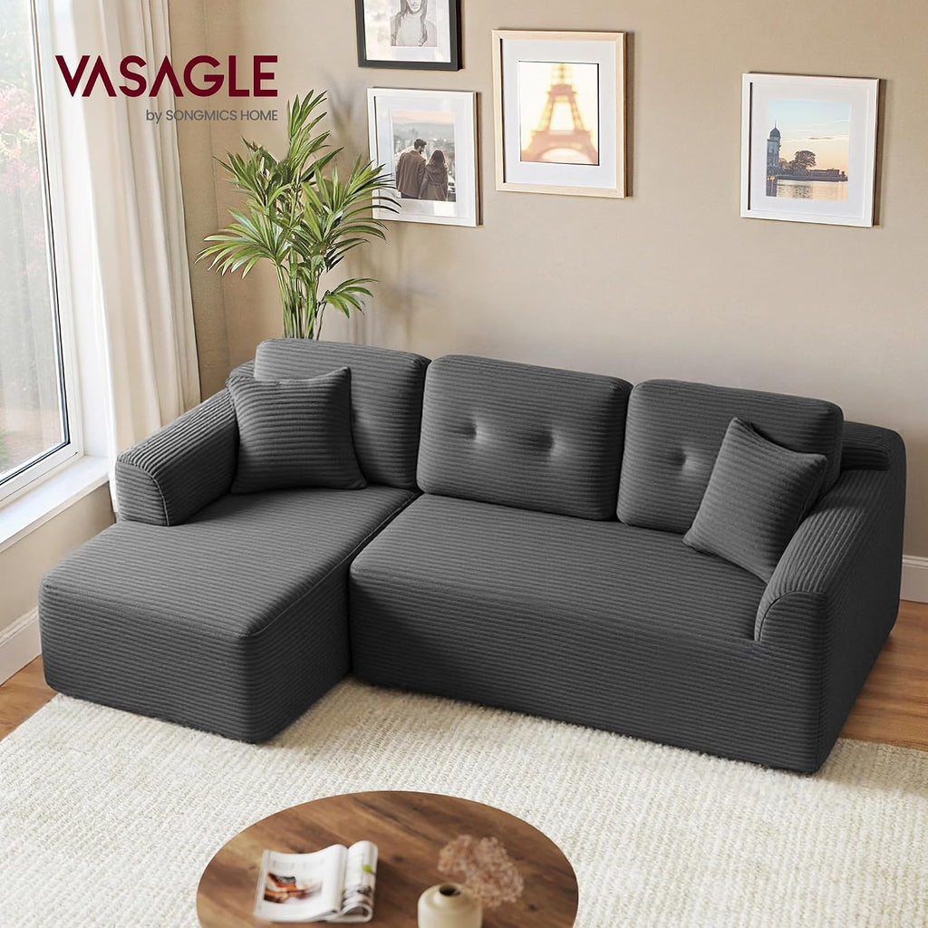 VASAGLE Boneless Couch, Modern Cloud Couch with Deep Seat, Corduroy Sofa for Living Room, Bedroom, Modular Sectional Sofa with Left-Facing Chaise, 108.3 Inches, Slate Gray ULCS181GN01