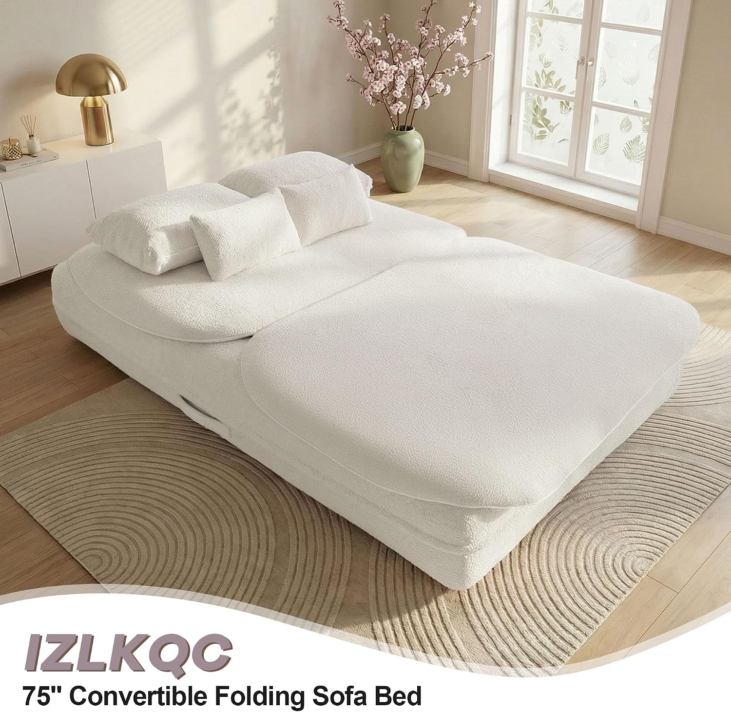 75'' Folding Sleeper Sofa Bed, Convertible Memory Foam Boneless Couch, Foldable Full Size Guest Bed, Modern 2-in-1 Futon Floor Sleeper Sofa with 4 Pillows and Blanket (Teddy, Beige2)