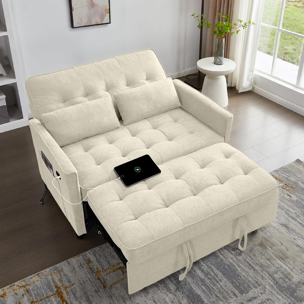 Convertible Sofa Bed, 3 in 1 Pull Out Couch, Loveseat Sleeper with Side Pocket, Living Room Sofa with Adjustable Backrest | USB Charging Port | Two Pillows | Fabric | Beige Couch