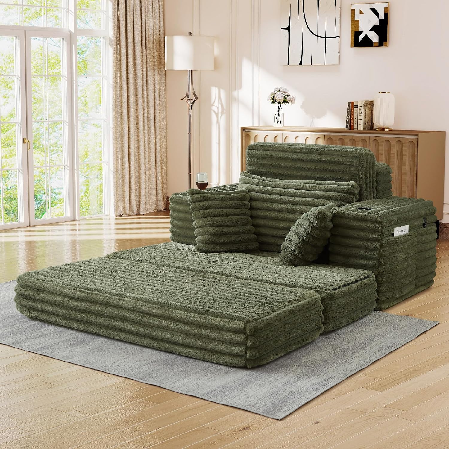 5-In-1 Oversized Chaise Lounge Chair Indoor with Ottoman,54.5'W Faux Fur Convertible Folding Sleeper Sofa Bed with Cup Holder&Side Pocket,Comfy Boneless Couch Sofa Chair for Living Room,Bedroom(Green)