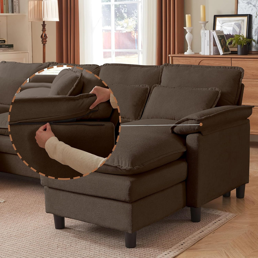 Comfy Cloud Couch Sectional Sofa with Lumbar Pillows, Modern U-Shaped Cloud Sofa with Double Chaise & Deep Seat 4 Seat Sectional Couch for Living Room, or Office, Easy Assembly, Dark Coffee