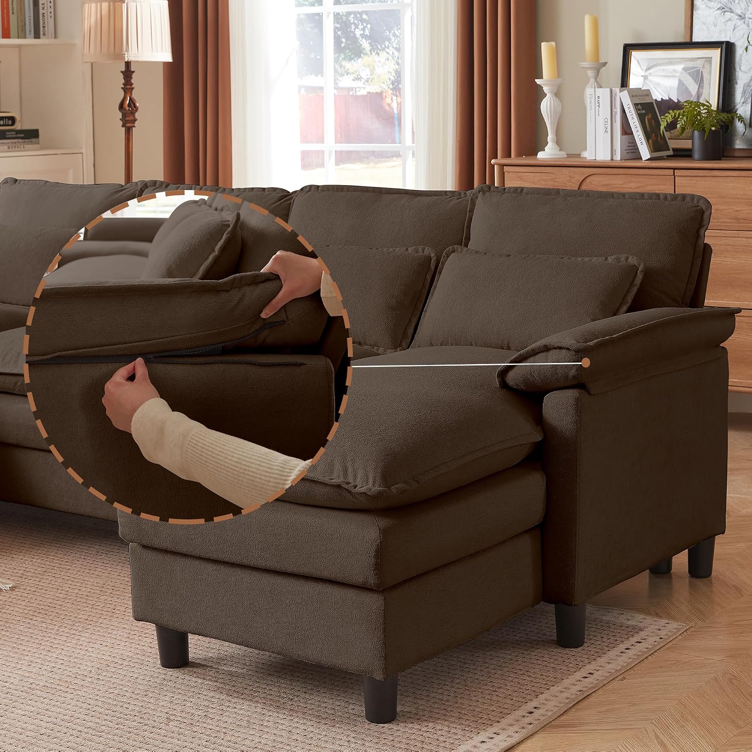 Comfy Cloud Couch Sectional Sofa with Lumbar Pillows, Modern U-Shaped Cloud Sofa with Double Chaise & Deep Seat 4 Seat Sectional Couch for Living Room, or Office, Easy Assembly, Dark Coffee