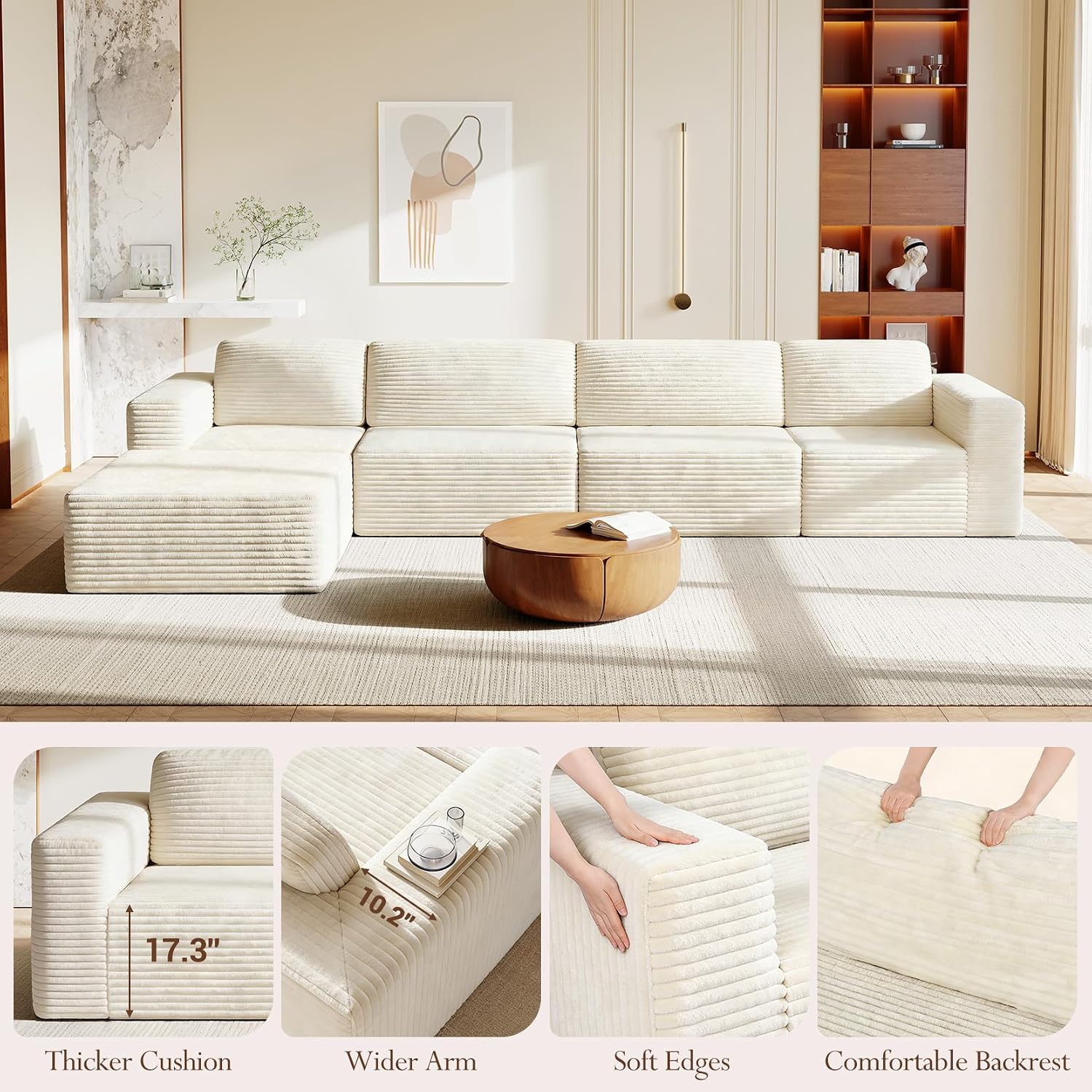 Vesgantti 159' Large Modular Sectional Sofa, L-Shaped Corduroy Cloud Couch with Deep Seats & Spring Support, 4-Seater Boneless Sofa with Movable Ottoman, No Assembly Needed, Beige