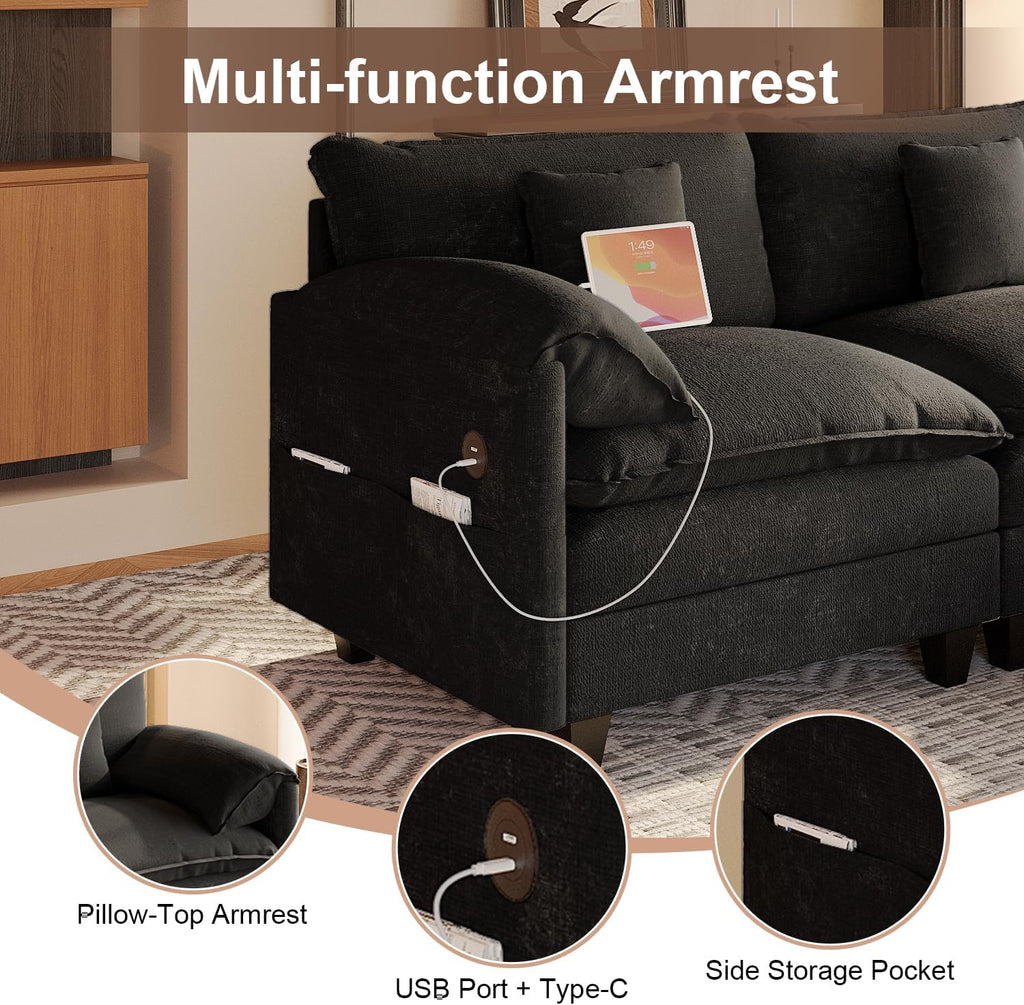 KCGKCG Modular Sectional Sofa, 108' Comfy Cloud Couch with Movable Ottoman | Charging Station | Side Pocket | Throw Pillow, Modern L-Shaped Couches for Living Room, Chenille, Charcoal Black
