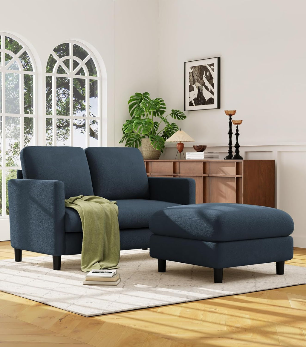 Welzona Loveseat, 51' Small L Shaped Couch, Comfy Teddy Love Seat with Ottoman Set, Tool-Free Setup Loveseat Sofa with Ottoman, All-Wood Small Sofa Couch for Bedroom, Couch for Living Room, Blue Grey
