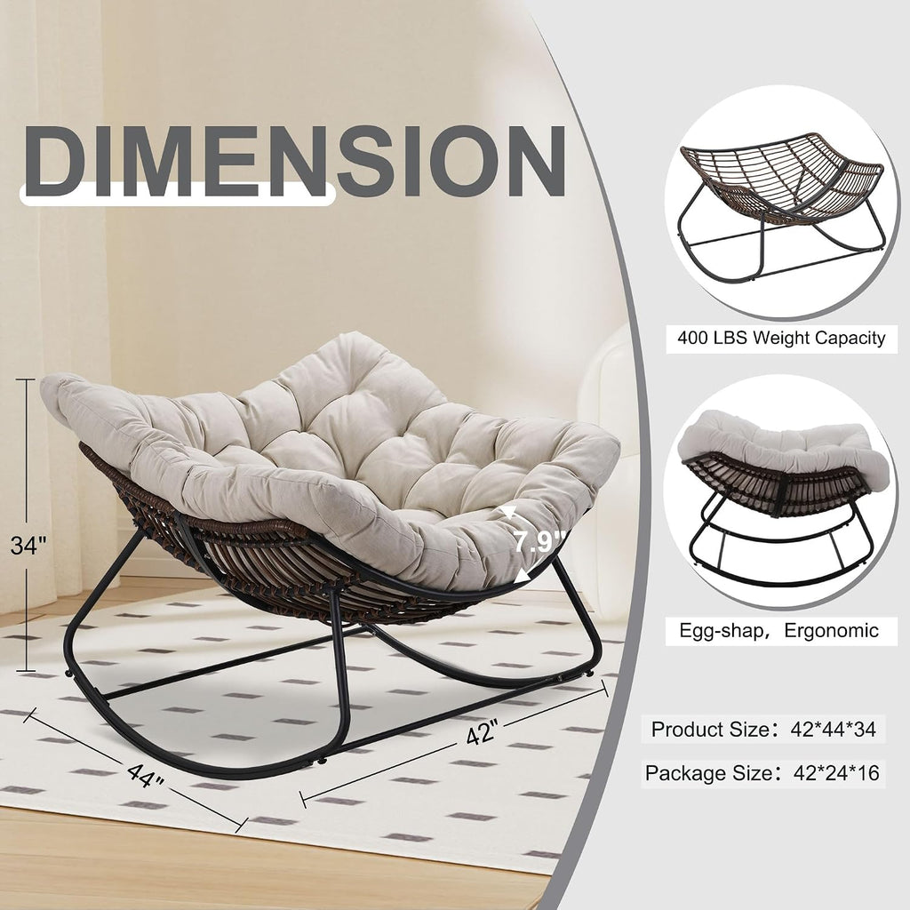 Outdoor Papasan Rocking Chair Oversized, Rattan Rocking Chair, Patio Wicker Egg Chair with Padded Cushion, Rocker Egg Chair for Living Room, Patio, Front Porch, Backyard