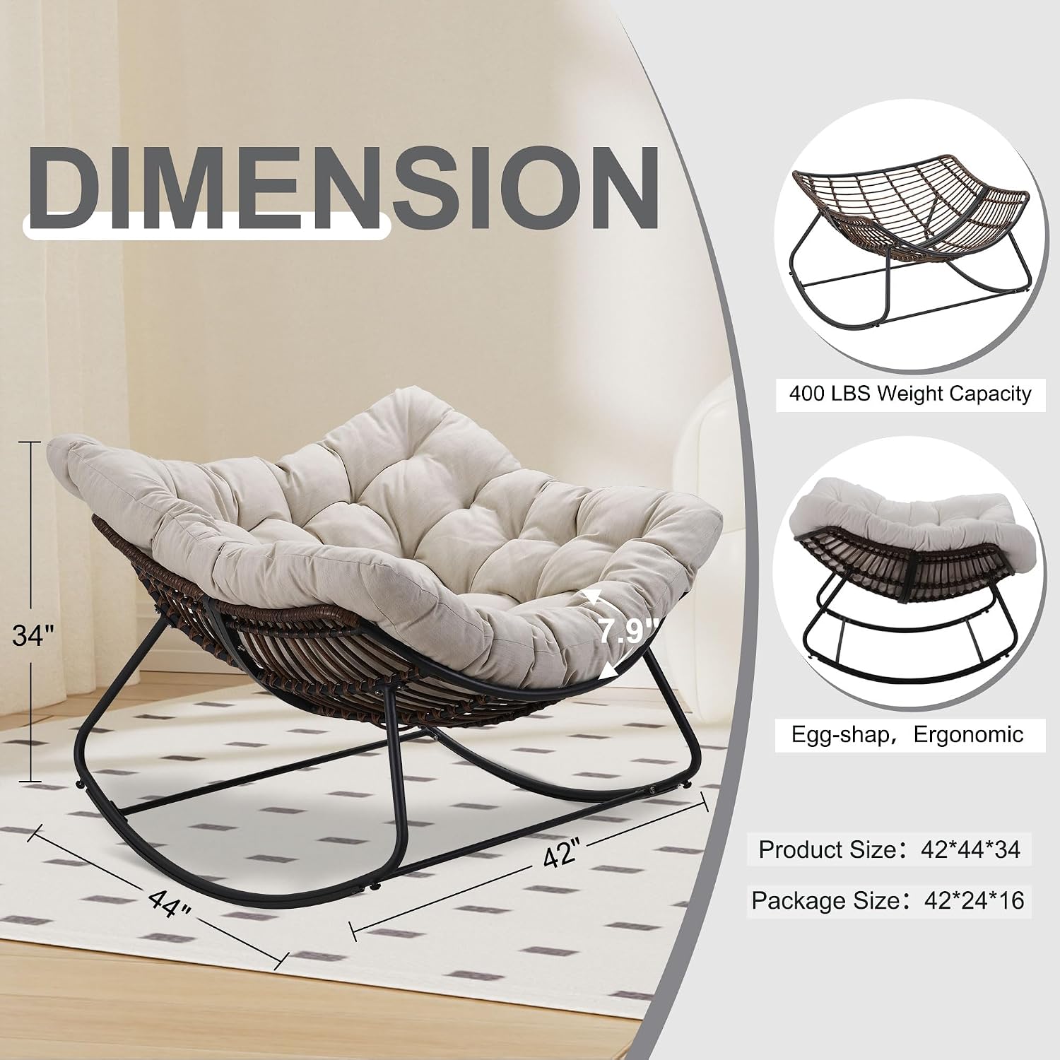 Outdoor Papasan Rocking Chair Oversized, Rattan Rocking Chair, Patio Wicker Egg Chair with Padded Cushion, Rocker Egg Chair for Living Room, Patio, Front Porch, Backyard