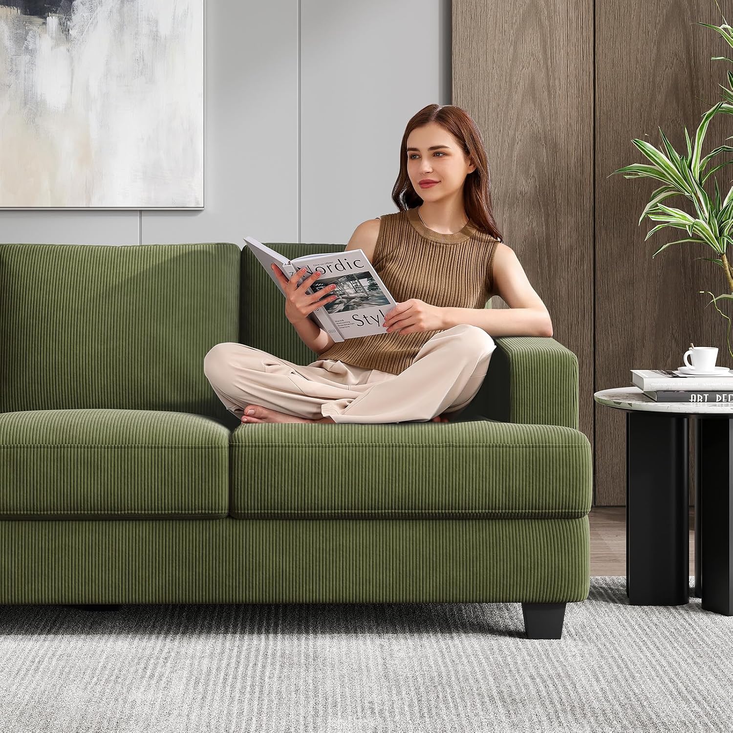 COPIAE 89 Inch Sofa with Extra Deep Seats Oversize, 3 Seater Sofa for Living Room, Modern Couch and Sofa, Comfy Armrests and Seats and Backrests, Easy Installation, Corduroy Fabric Green
