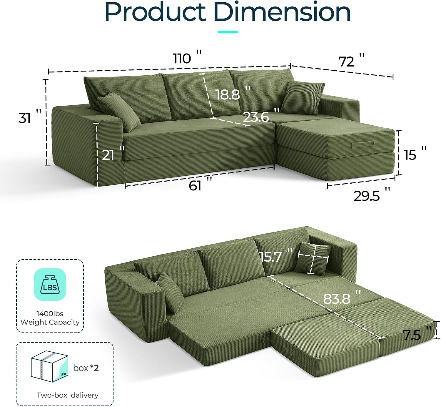 LINSY HOME Oversized Convertible Sofa Bed with 2 Pillows & Ottoman, Corduroy Boneless Couch Folding Modular Sleeper Sofa, L Shaped Couch Floor Sofa for Living Room Apartment, Upgrade Backrest (Green)